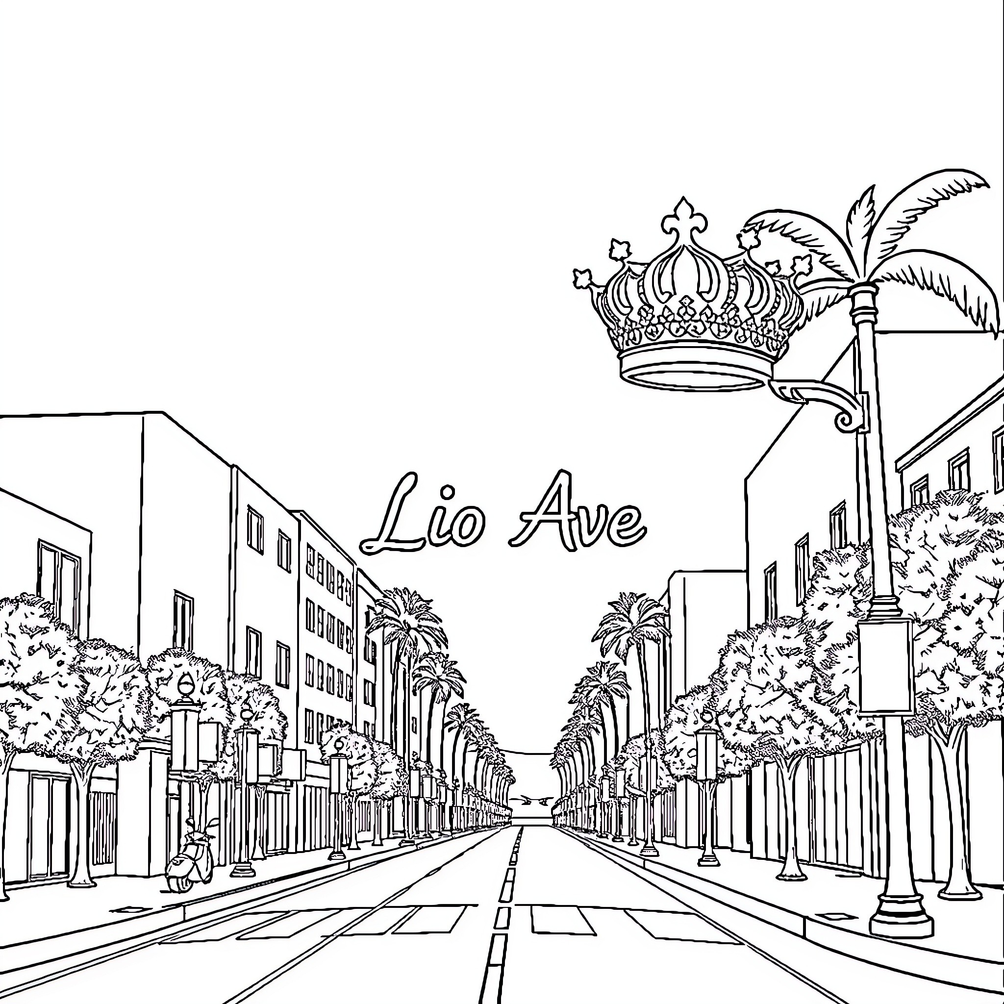 Lion Ave: Majestic Crown and Palm-Lined Street Coloring Page (free black-and-white line drawing printable PDF for all, from beginners to advanced learners, including children, teens, adults, and seniors)