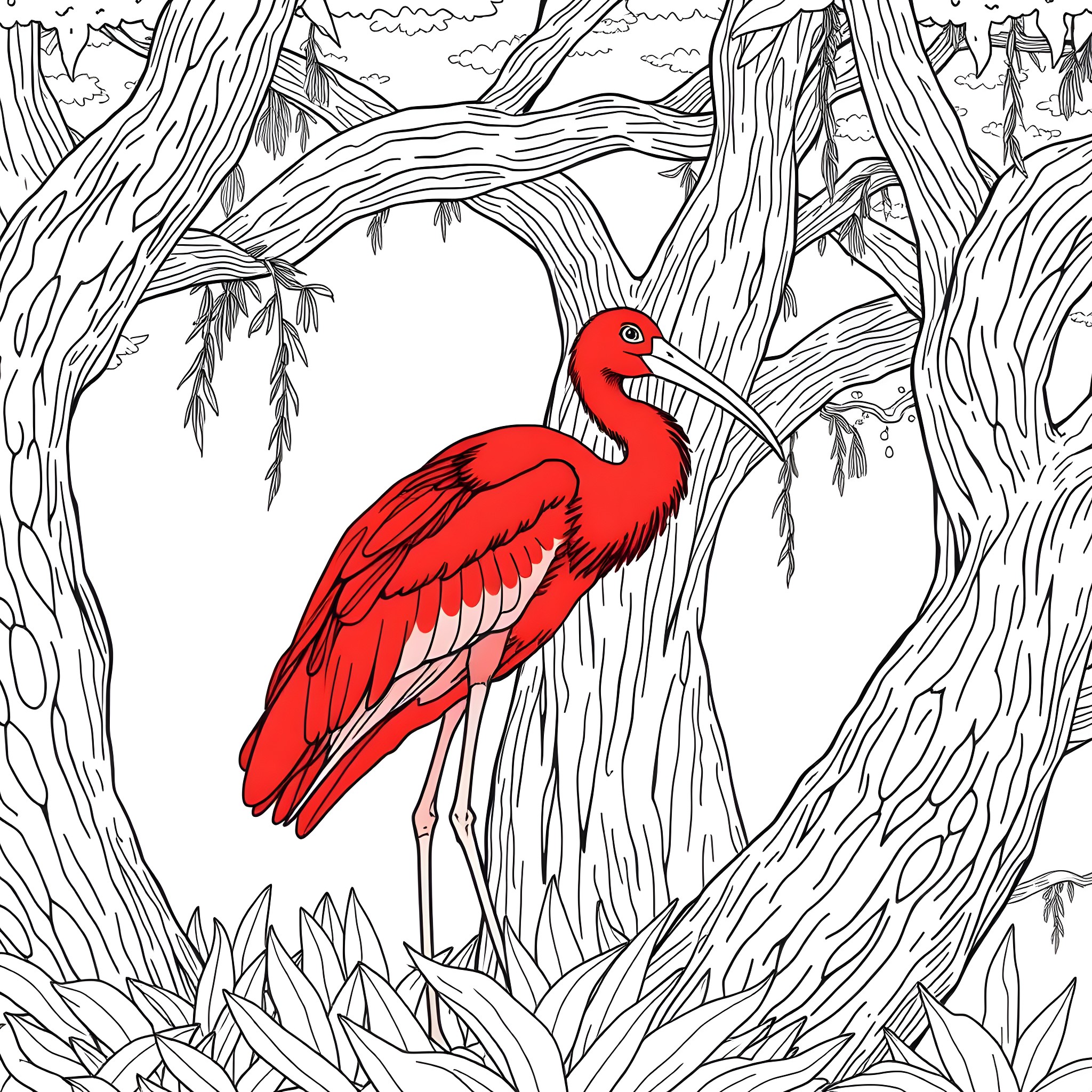 Ibis standing amidst lush vegetation Coloring Page (free black-and-white line drawing printable PDF for all, from beginners to advanced learners, including children, teens, adults, and seniors)