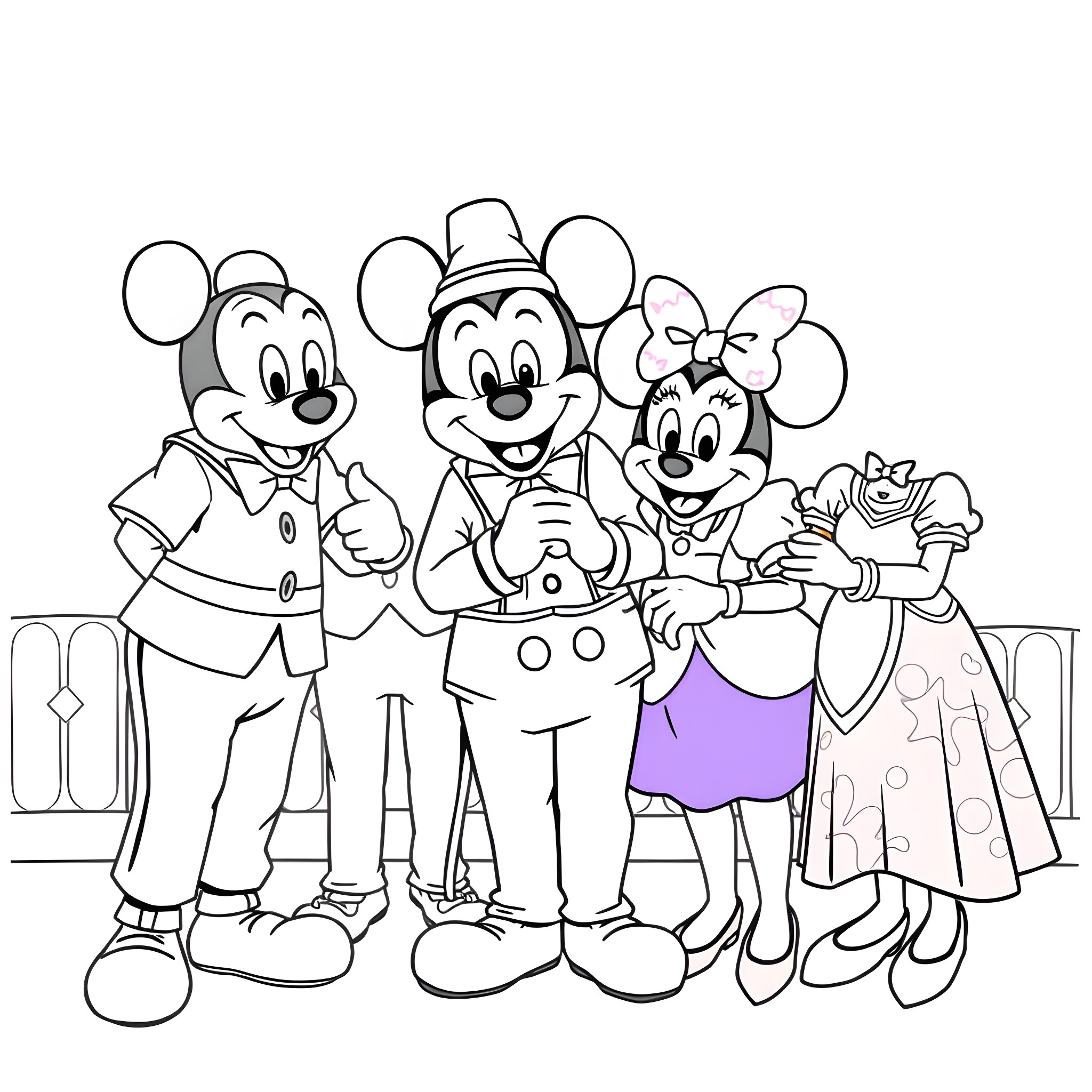Disneyland Cast Members in Whimsical Outfits Coloring Page (free black-and-white line drawing printable PDF for all, from beginners to advanced learners, including children, teens, adults, and seniors)
