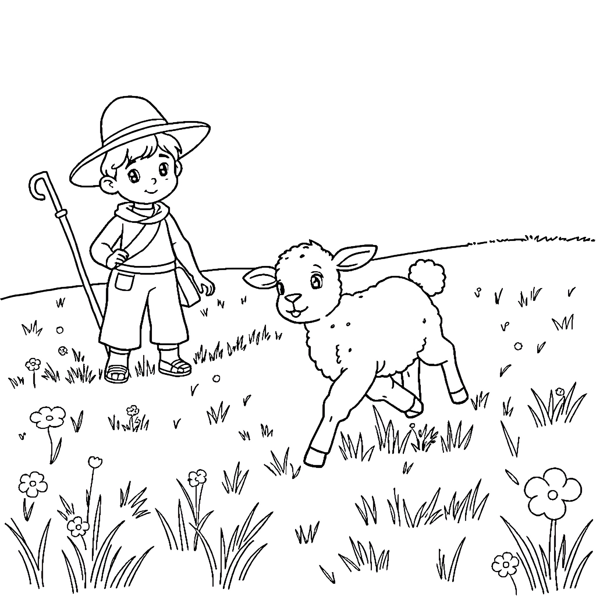 Lamb and young shepherd in pastoral scene Coloring Page (free black-and-white line drawing printable PDF for all, from beginners to advanced learners, including children, teens, adults, and seniors)