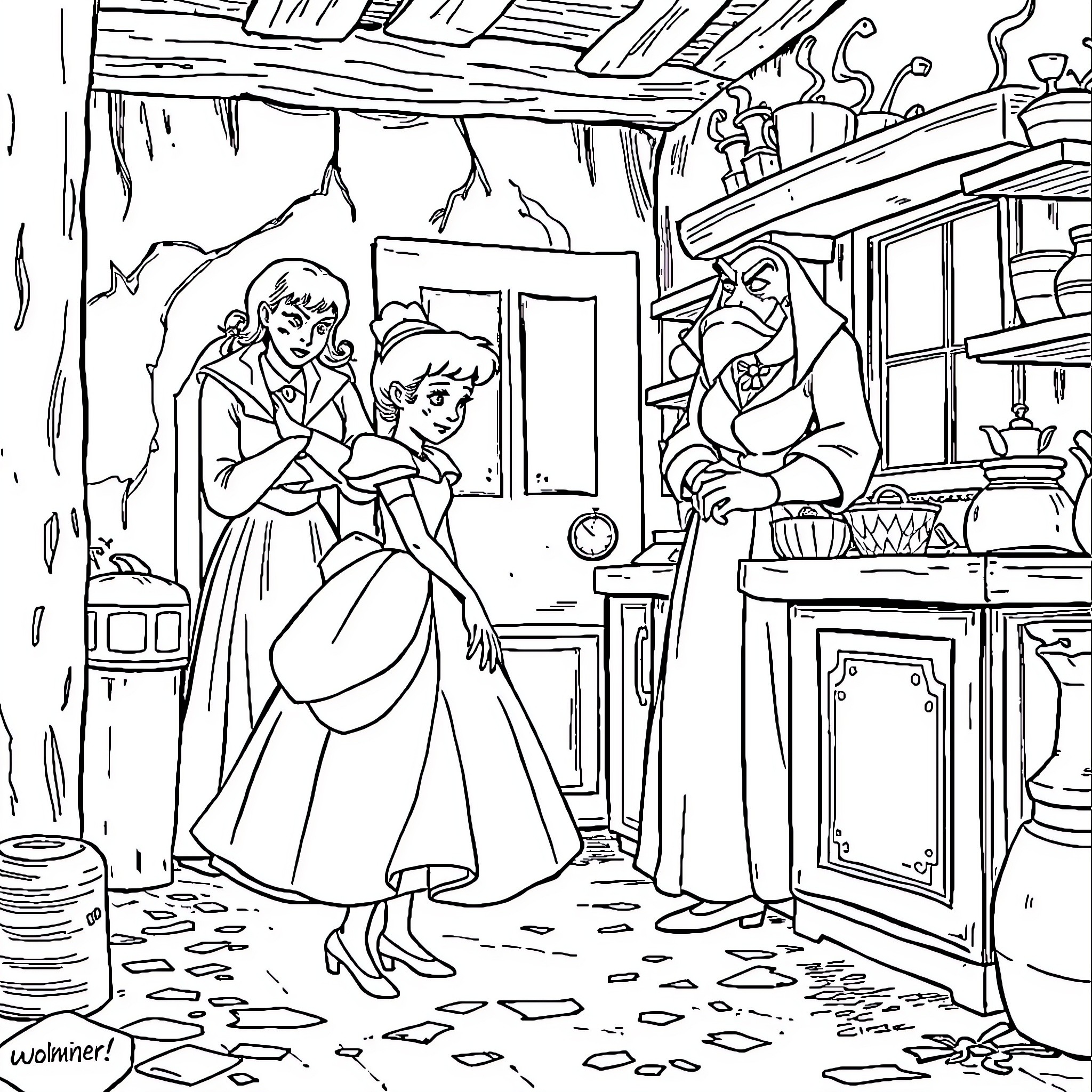 Cinderella's Magical Transformation in the Servant's Quarters Coloring Page (free black-and-white line drawing printable PDF for all, from beginners to advanced learners, including children, teens, adults, and seniors)