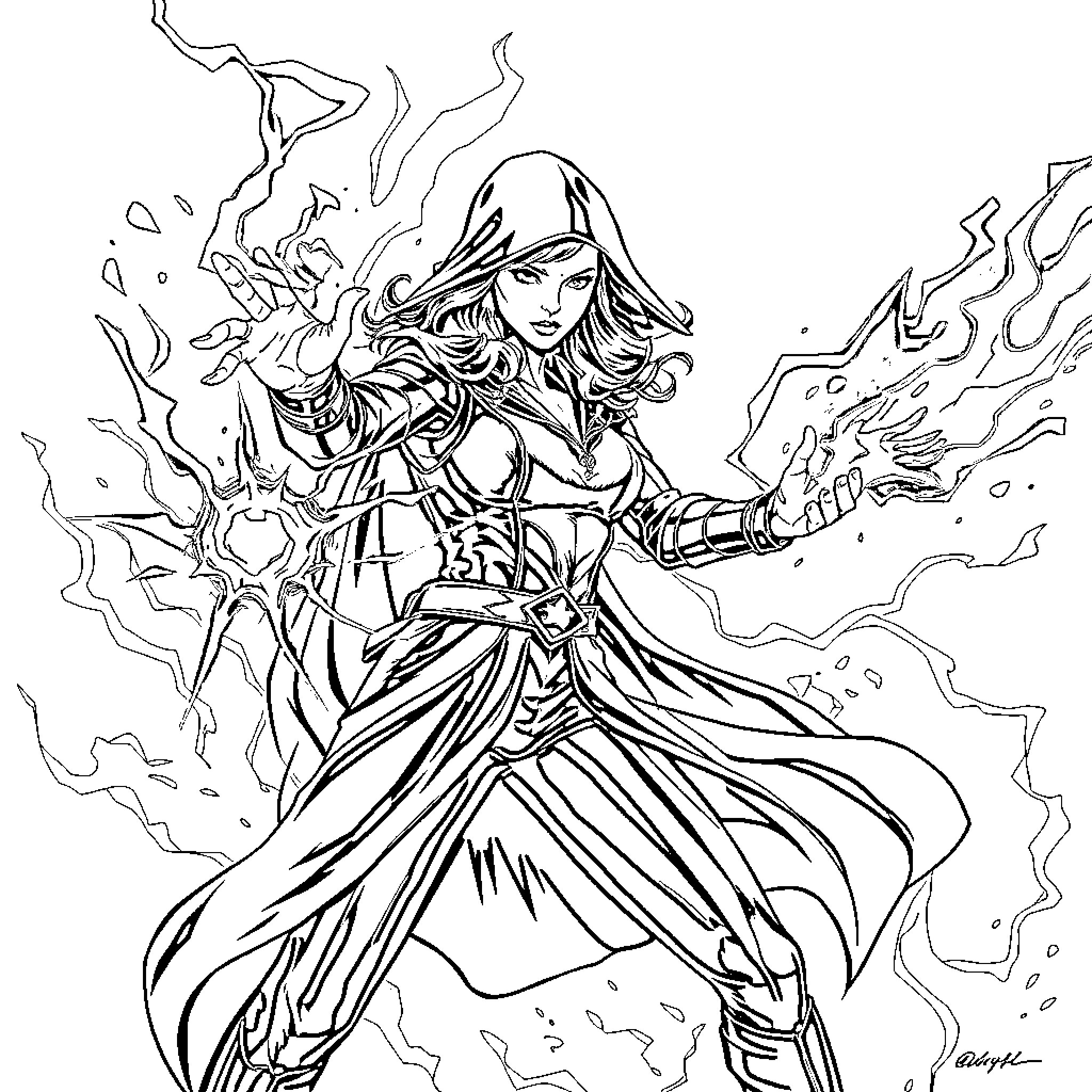 Scarlet Witch wielding powerful magical energy Coloring Page (free black-and-white line drawing printable PDF for all, from beginners to advanced learners, including children, teens, adults, and seniors)