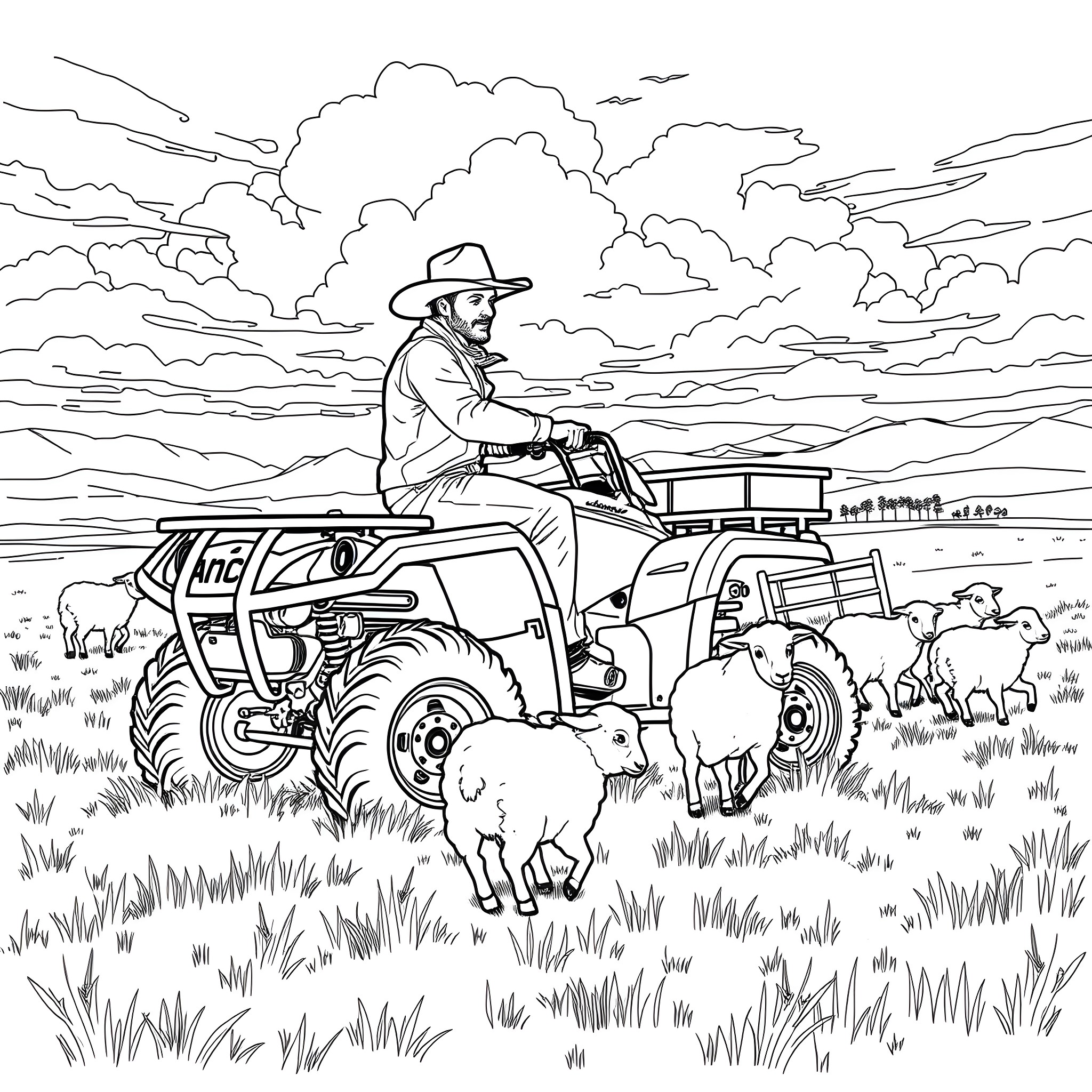 Sheep farmer driving tractor among flock on pasture Coloring Page (free black-and-white line drawing printable PDF for all, from beginners to advanced learners, including children, teens, adults, and seniors)