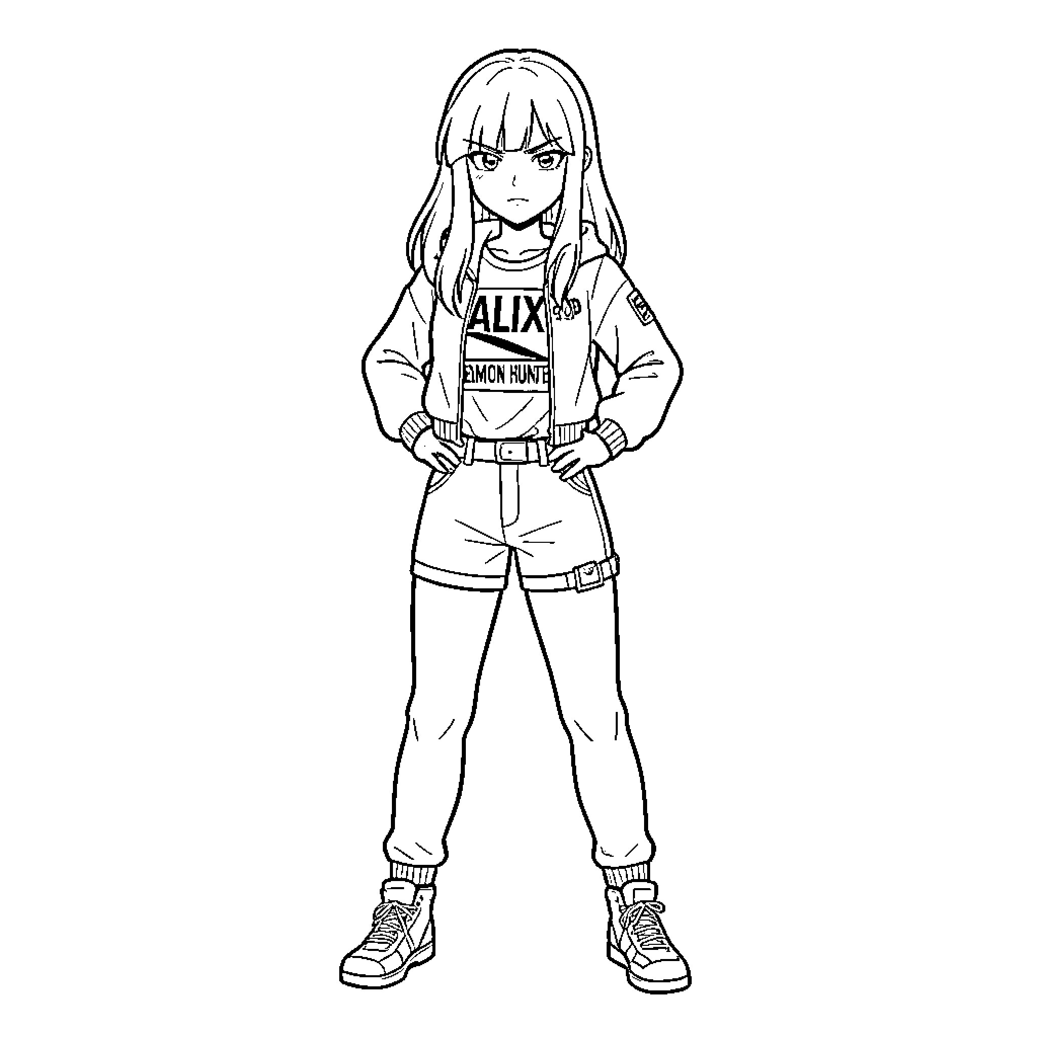 Alix standing confidently in a casual jacket and pants Coloring Page (free black-and-white line drawing printable PDF for all, from beginners to advanced learners, including children, teens, adults, and seniors)