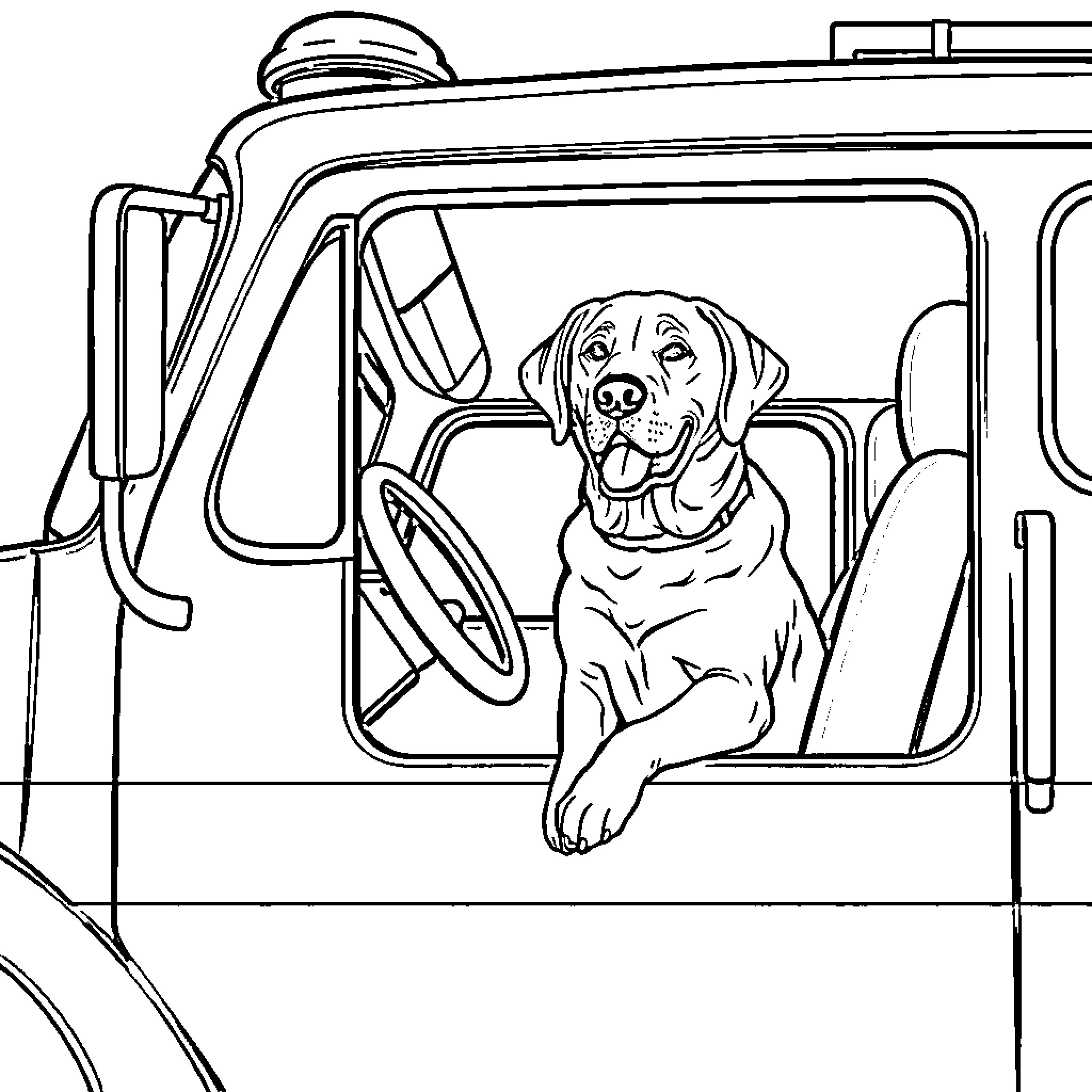 Labrador riding happily in a van Coloring Page (free black-and-white line drawing printable PDF for all, from beginners to advanced learners, including children, teens, adults, and seniors)