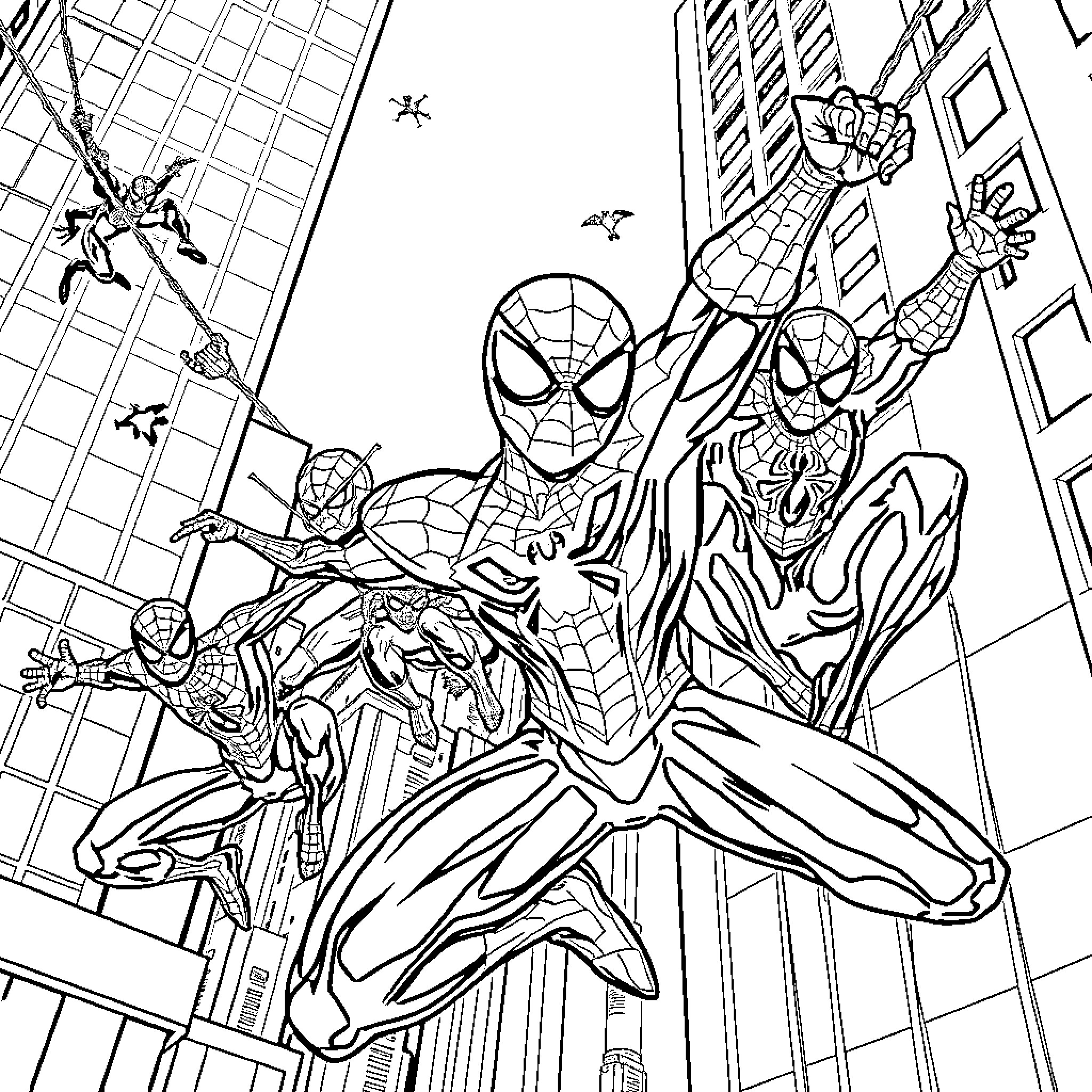 Spider-Man and allies in action-packed cityscape Coloring Page (free black-and-white line drawing printable PDF for all, from beginners to advanced learners, including children, teens, adults, and seniors)