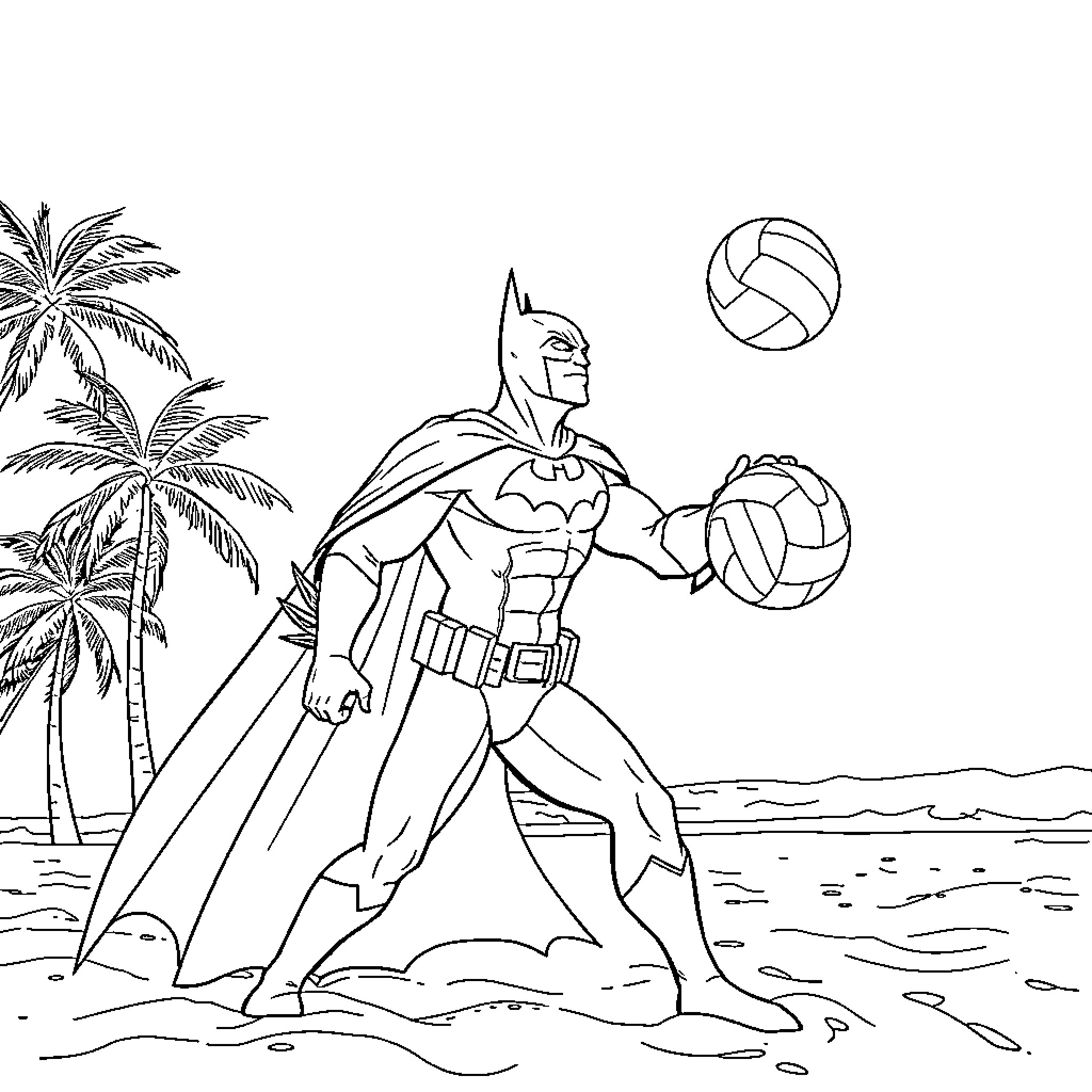 Batman Playing Volleyball on the Beach Coloring Page (free black-and-white line drawing printable PDF for all, from beginners to advanced learners, including children, teens, adults, and seniors)
