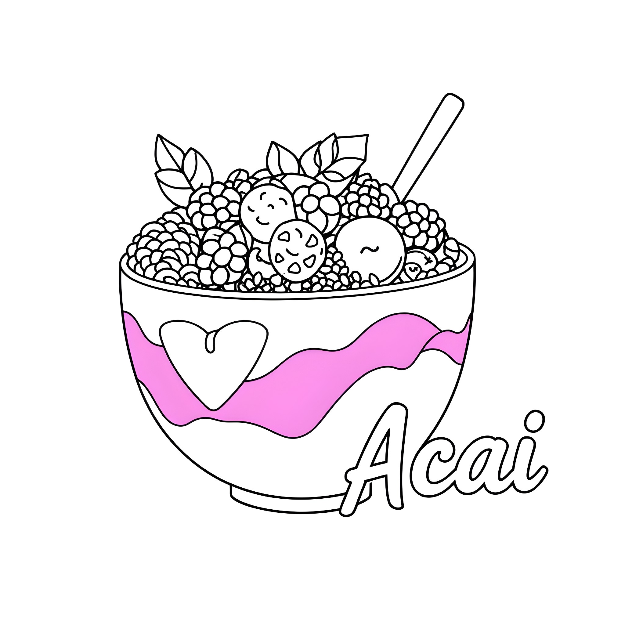 Acai Bowl with Colorful Ingredients Coloring Page (free black-and-white line drawing printable PDF for all, from beginners to advanced learners, including children, teens, adults, and seniors)