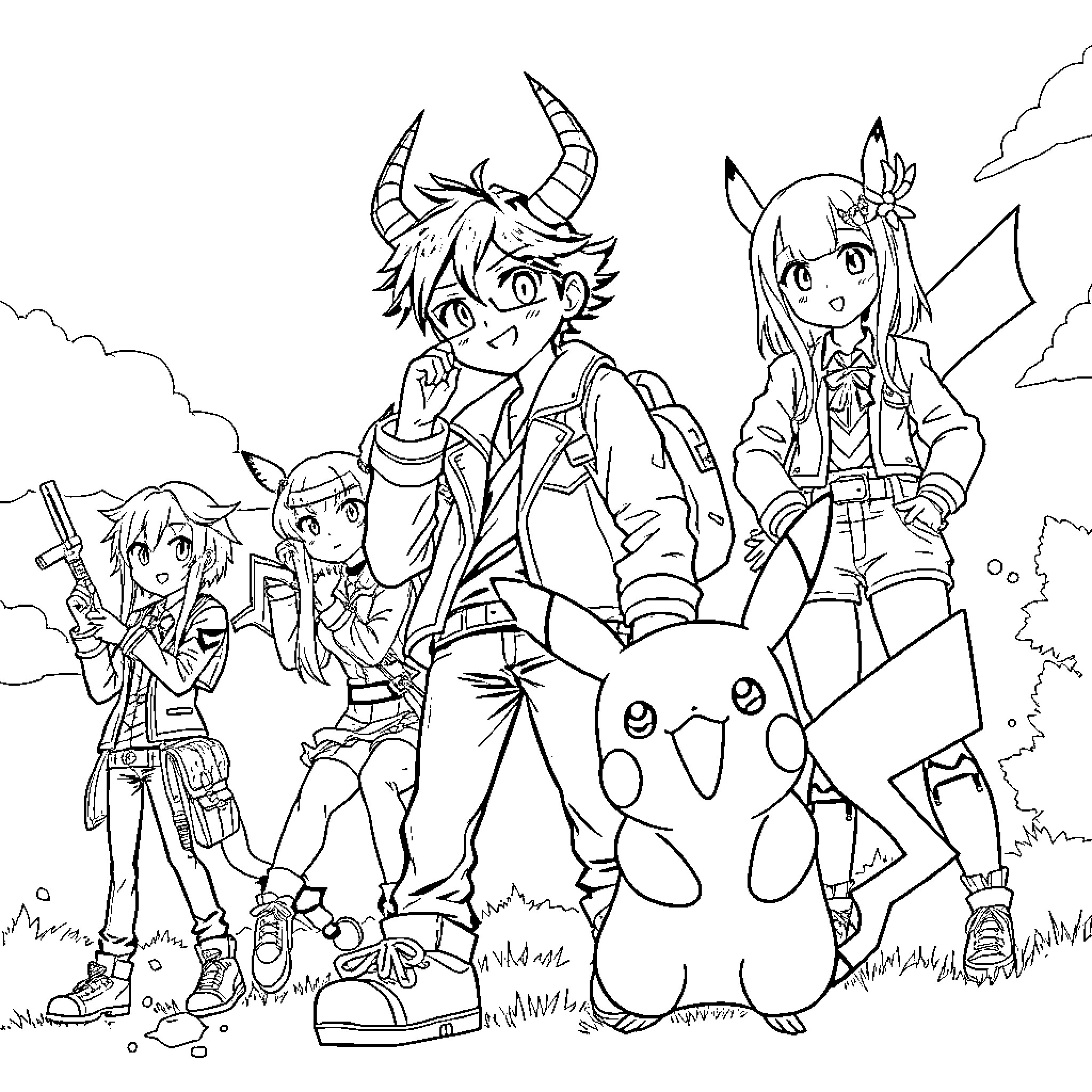 Demon Hunter Adventure with Creature Companions Coloring Page (free black-and-white line drawing printable PDF for all, from beginners to advanced learners, including children, teens, adults, and seniors)