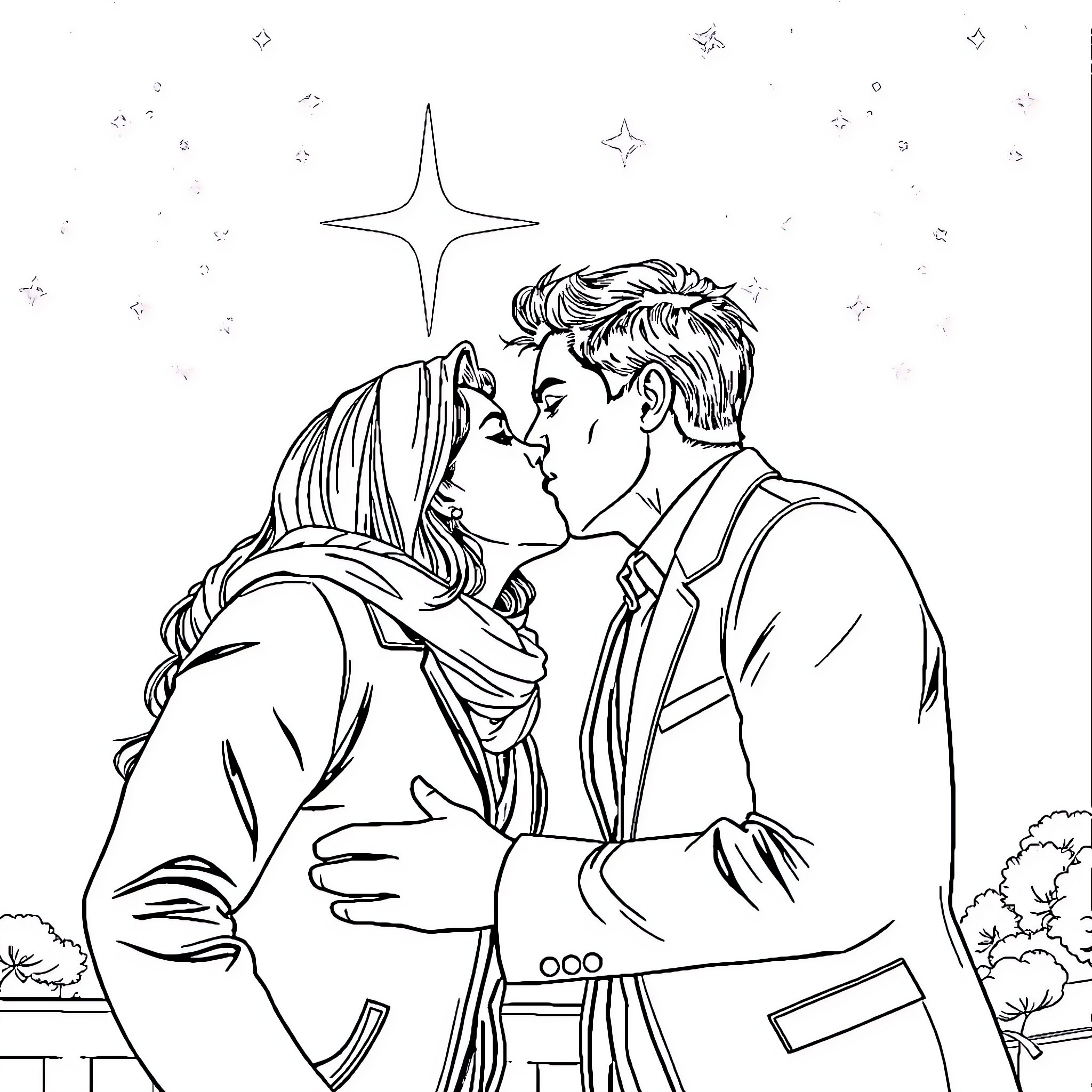 Ruggero Pasquarelli embracing lovingly under the stars Coloring Page (free black-and-white line drawing printable PDF for all, from beginners to advanced learners, including children, teens, adults, and seniors)