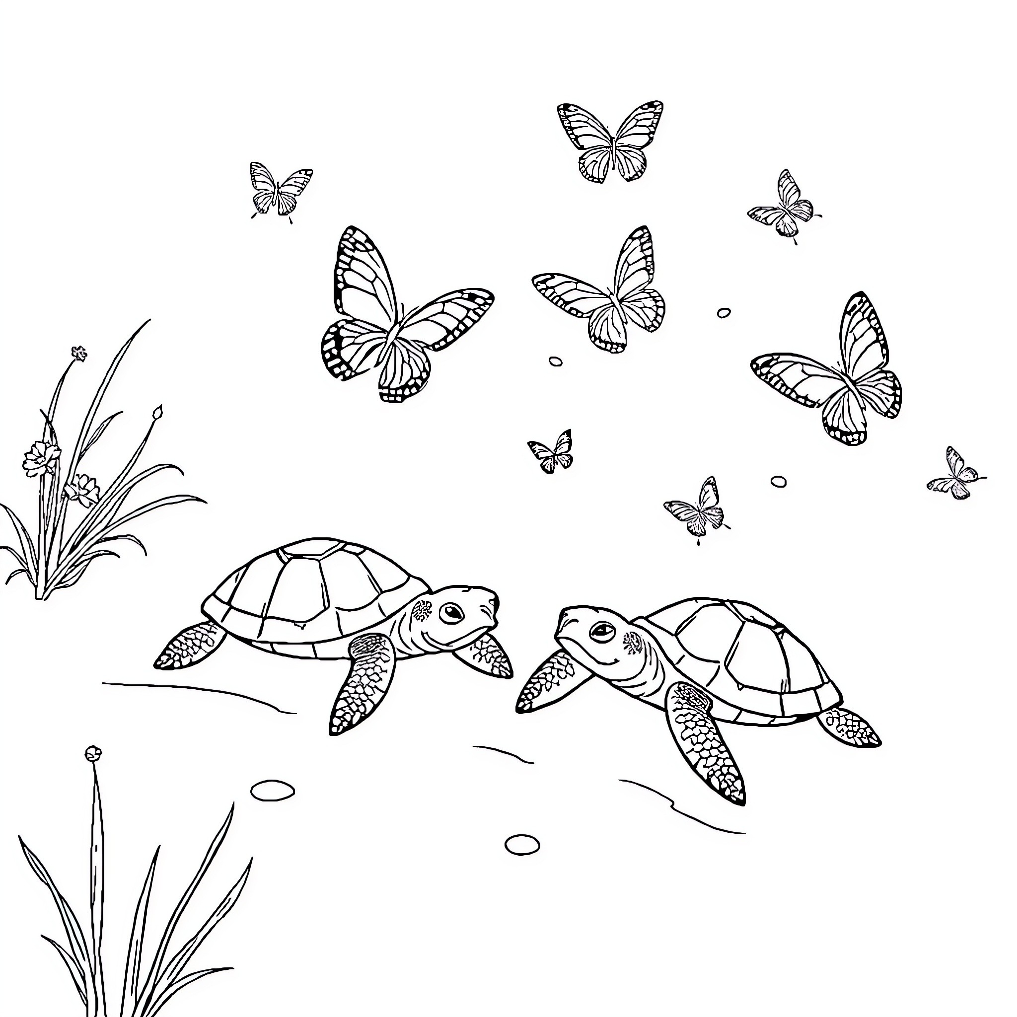 Turtle friends exploring with butterflies Coloring Page (free black-and-white line drawing printable PDF for all, from beginners to advanced learners, including children, teens, adults, and seniors)