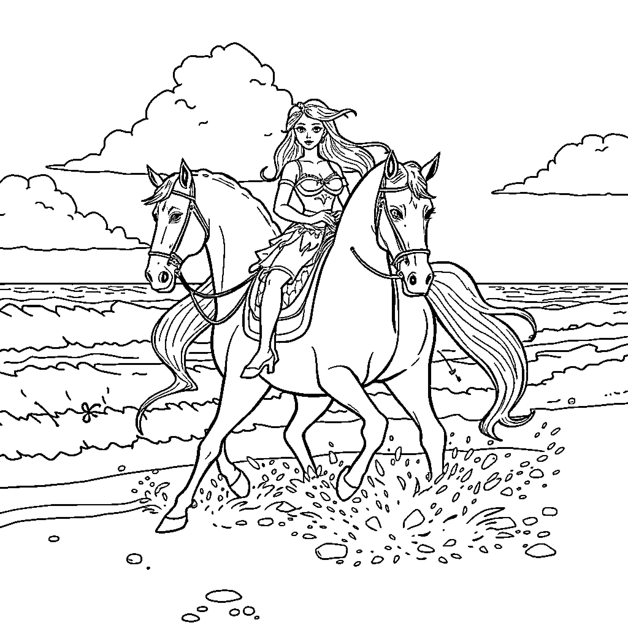 Catrina's Equestrian Adventure by the Seaside Coloring Page (free black-and-white line drawing printable PDF for all, from beginners to advanced learners, including children, teens, adults, and seniors)