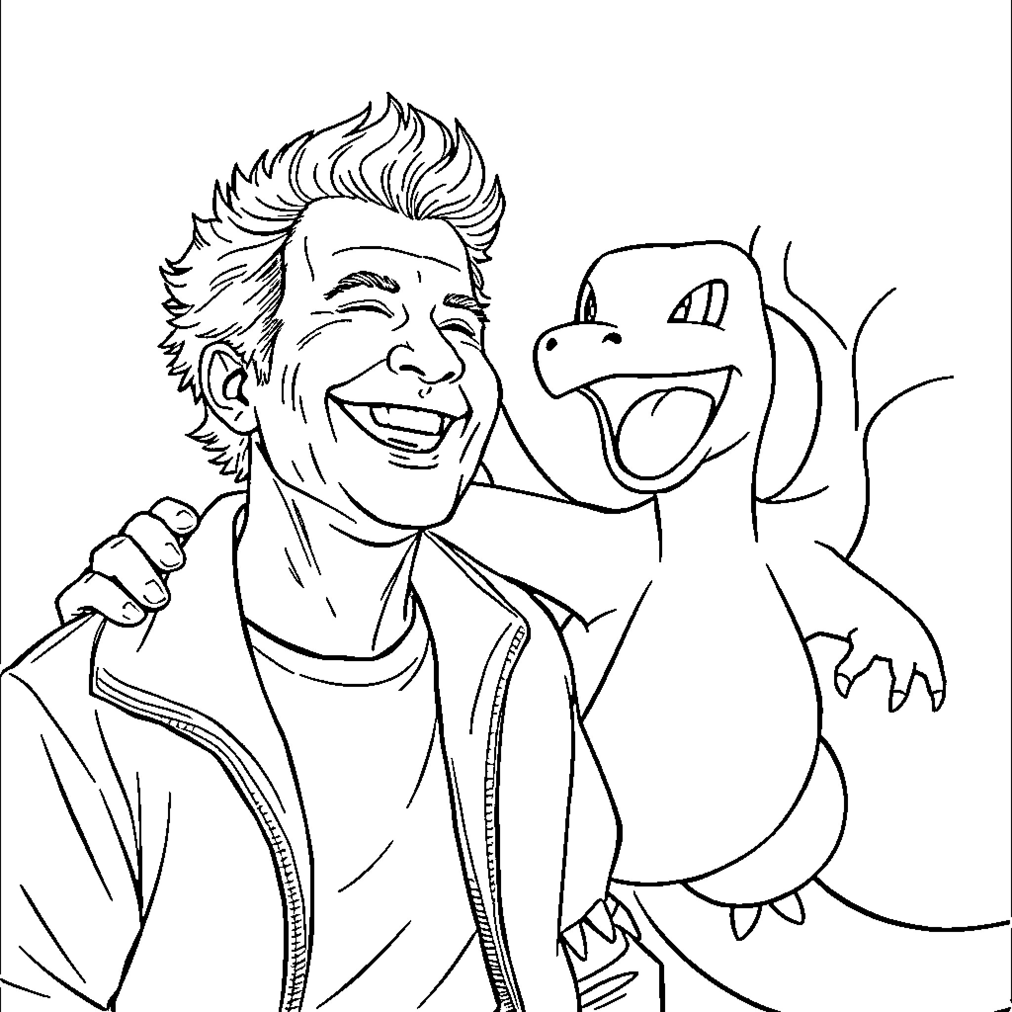 Geert Wilders laughing joyfully with animated creature Coloring Page (free black-and-white line drawing printable PDF for all, from beginners to advanced learners, including children, teens, adults, and seniors)