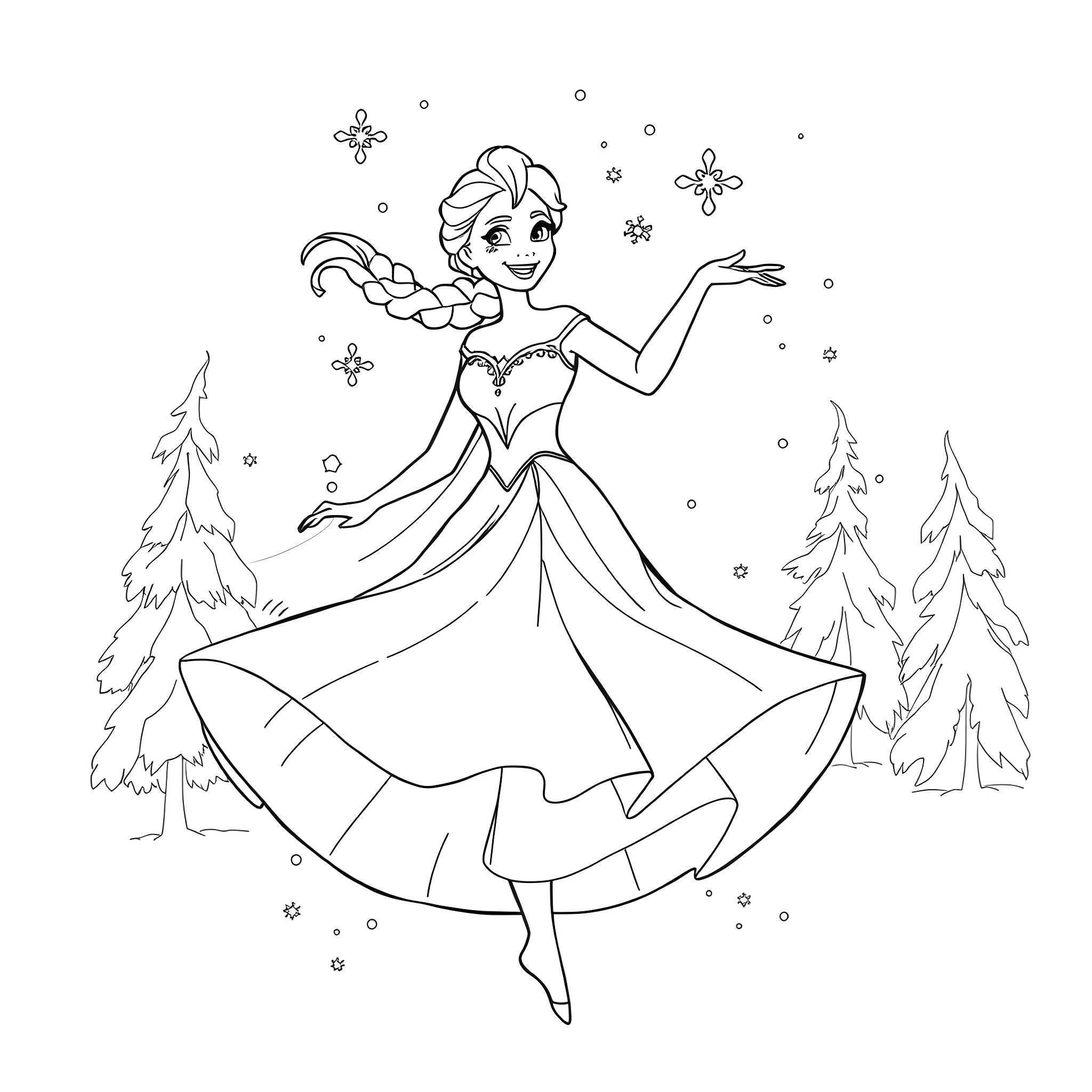Elsa dancing gracefully in her winter wonderland Coloring Page (free black-and-white line drawing printable PDF for all, from beginners to advanced learners, including children, teens, adults, and seniors)