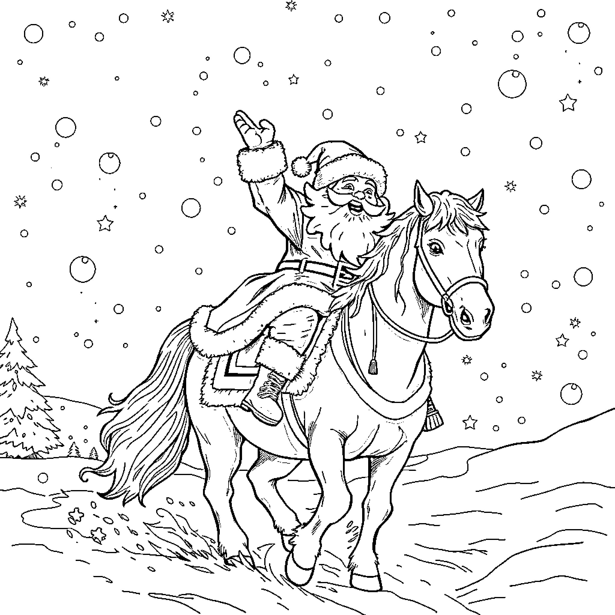Santa on a Snowy Adventure with Horse Coloring Page (free black-and-white line drawing printable PDF for all, from beginners to advanced learners, including children, teens, adults, and seniors)