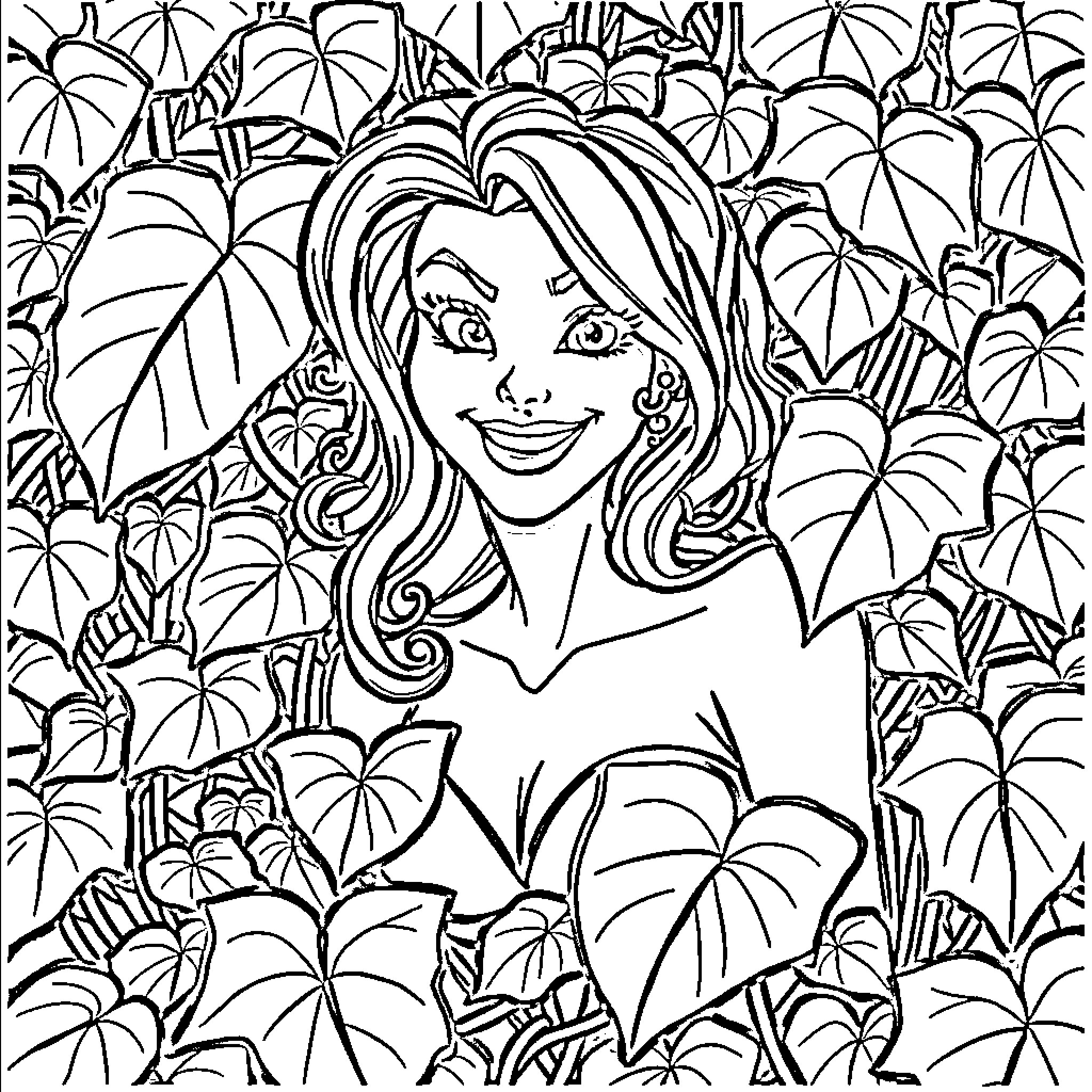 Poison Ivy's Enchanting Nature Coloring Page (free black-and-white line drawing printable PDF for all, from beginners to advanced learners, including children, teens, adults, and seniors)
