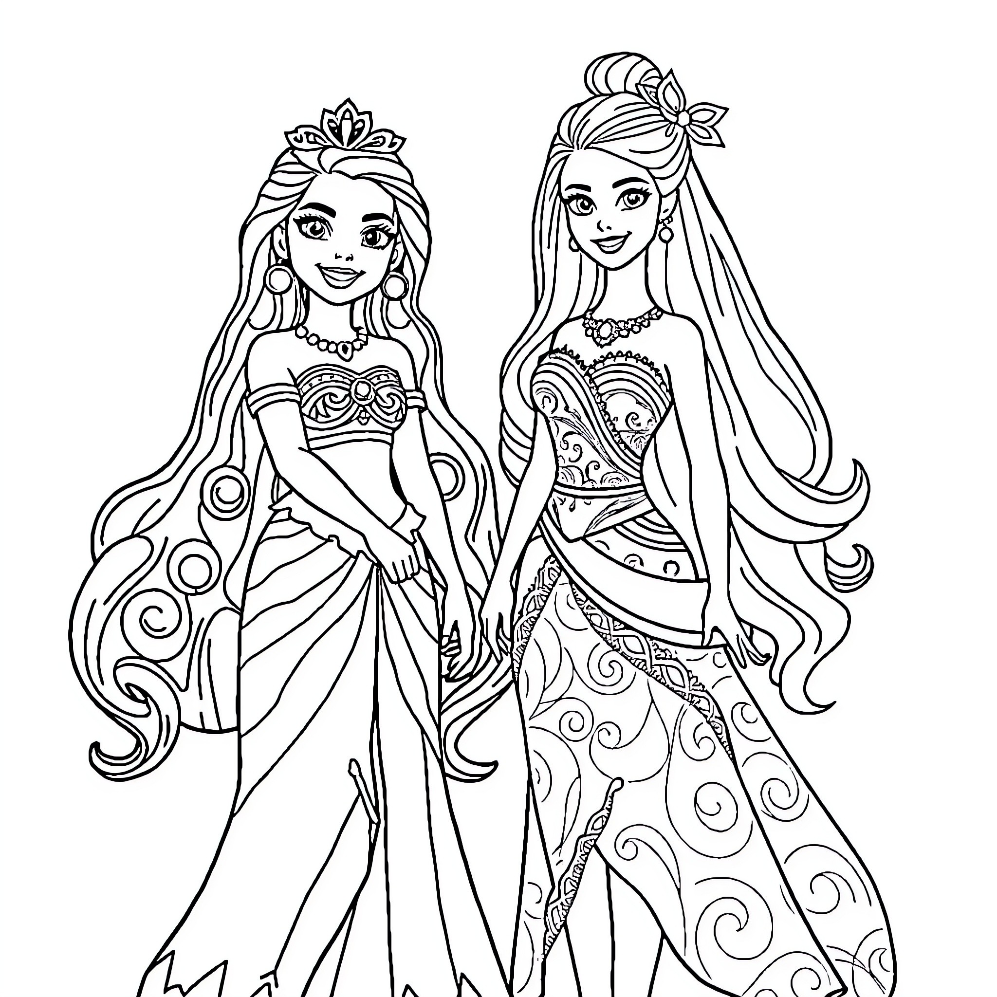 Vaiana: Two Princesses in Ornate Dresses Coloring Page (free black-and-white line drawing printable PDF for all, from beginners to advanced learners, including children, teens, adults, and seniors)