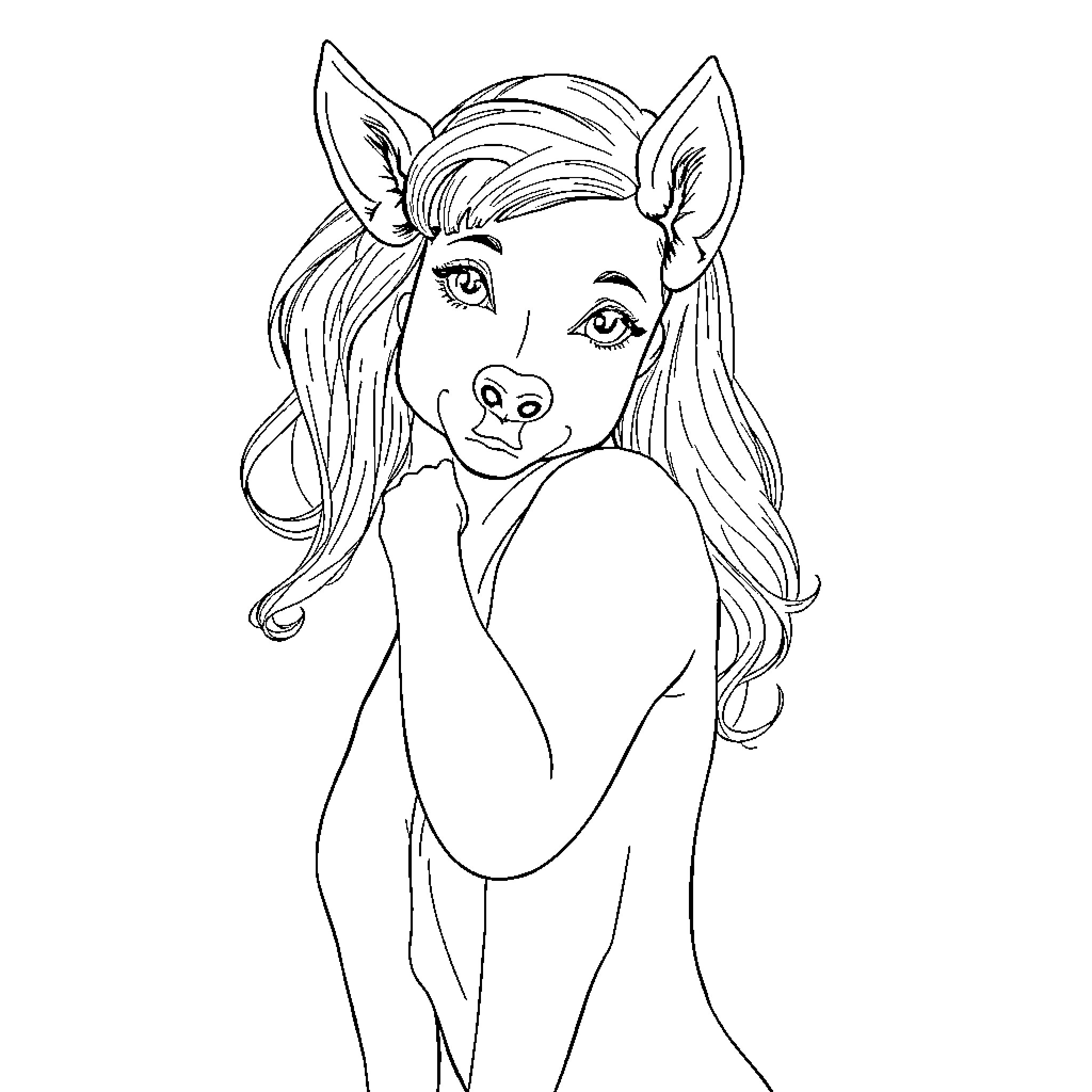 Rumi's Playful Expression with Animal Ears Coloring Page (free black-and-white line drawing printable PDF for all, from beginners to advanced learners, including children, teens, adults, and seniors)