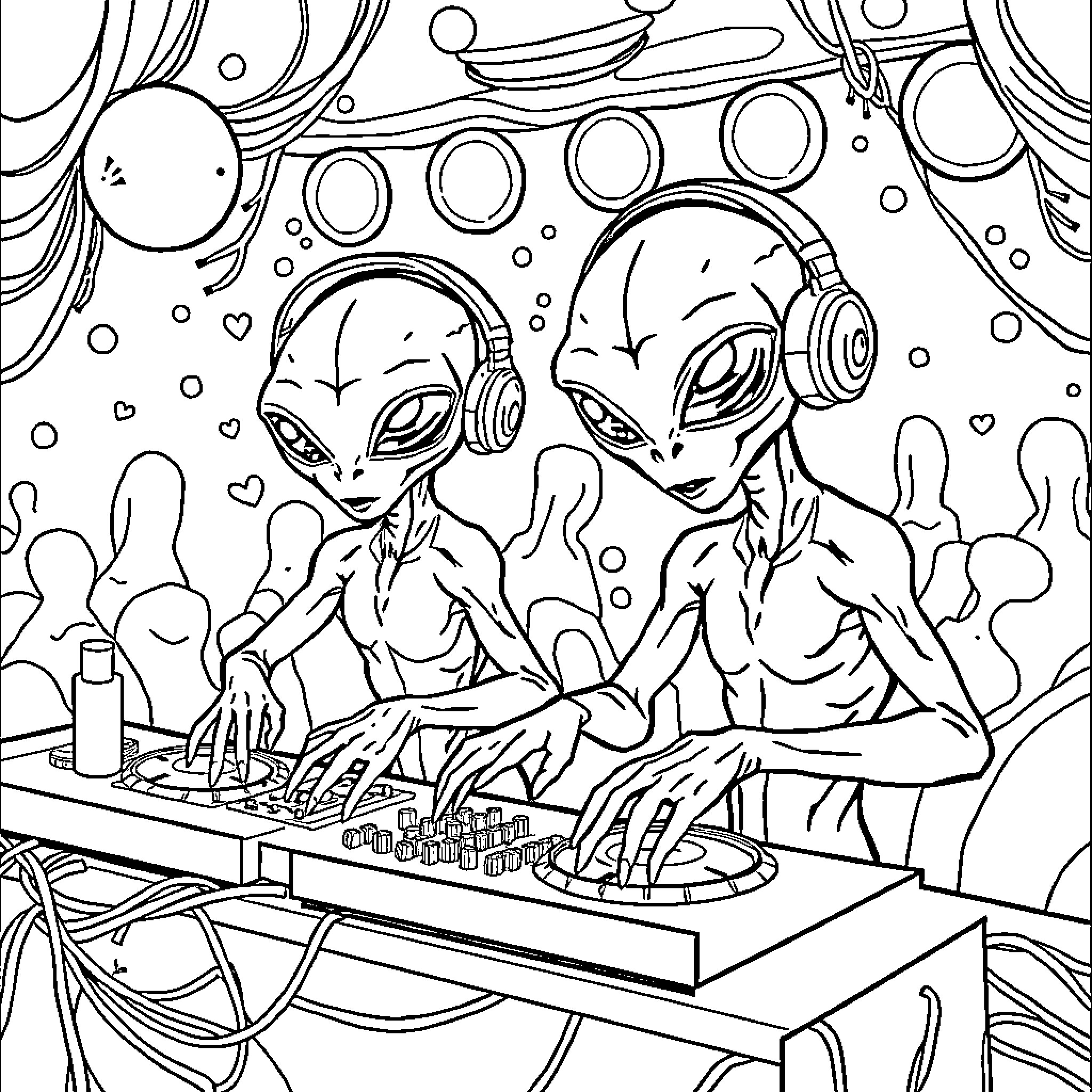 Alien DJs mixing music at intergalactic party Coloring Page (free black-and-white line drawing printable PDF for all, from beginners to advanced learners, including children, teens, adults, and seniors)