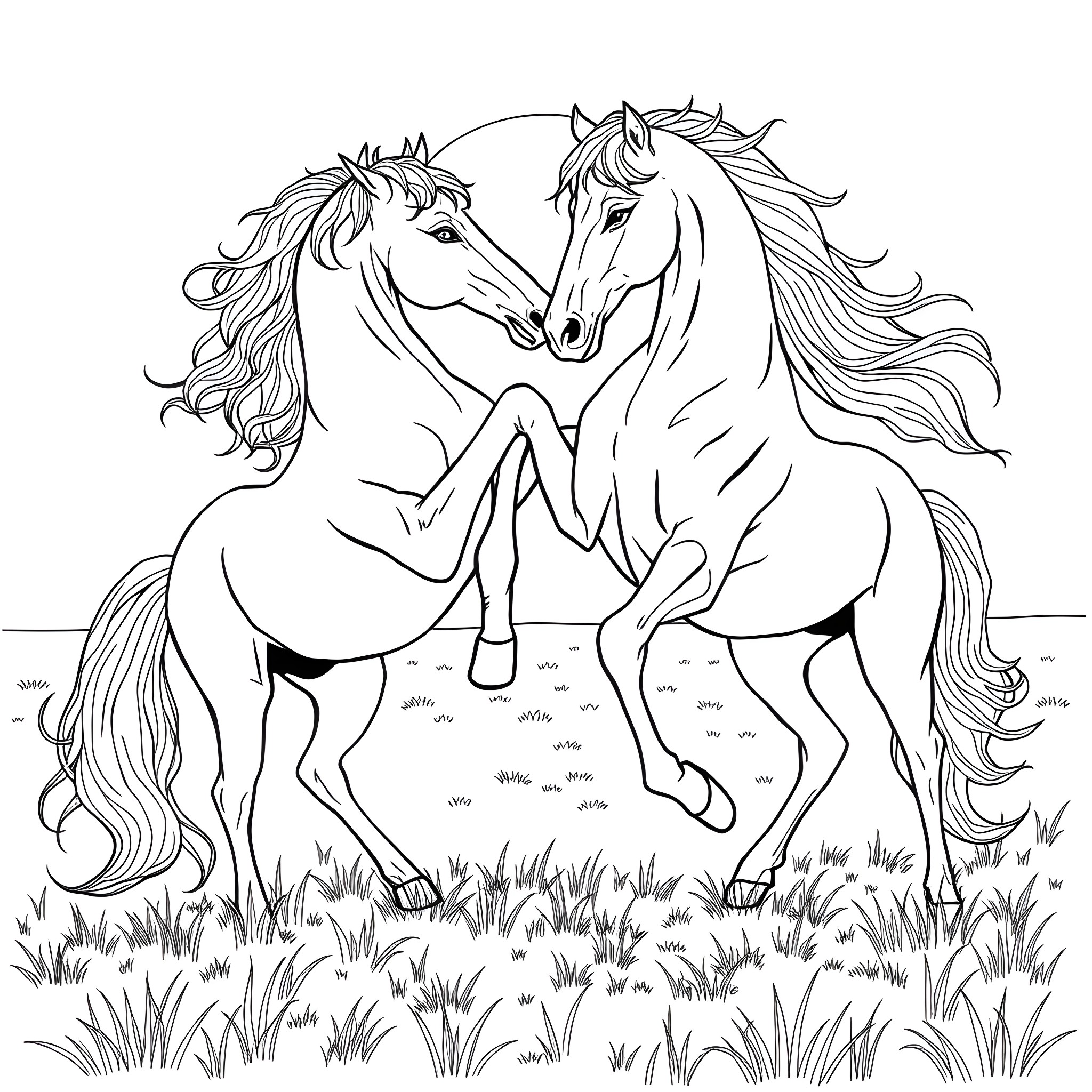 Horses playing in the meadow Coloring Page (free black-and-white line drawing printable PDF for all, from beginners to advanced learners, including children, teens, adults, and seniors)