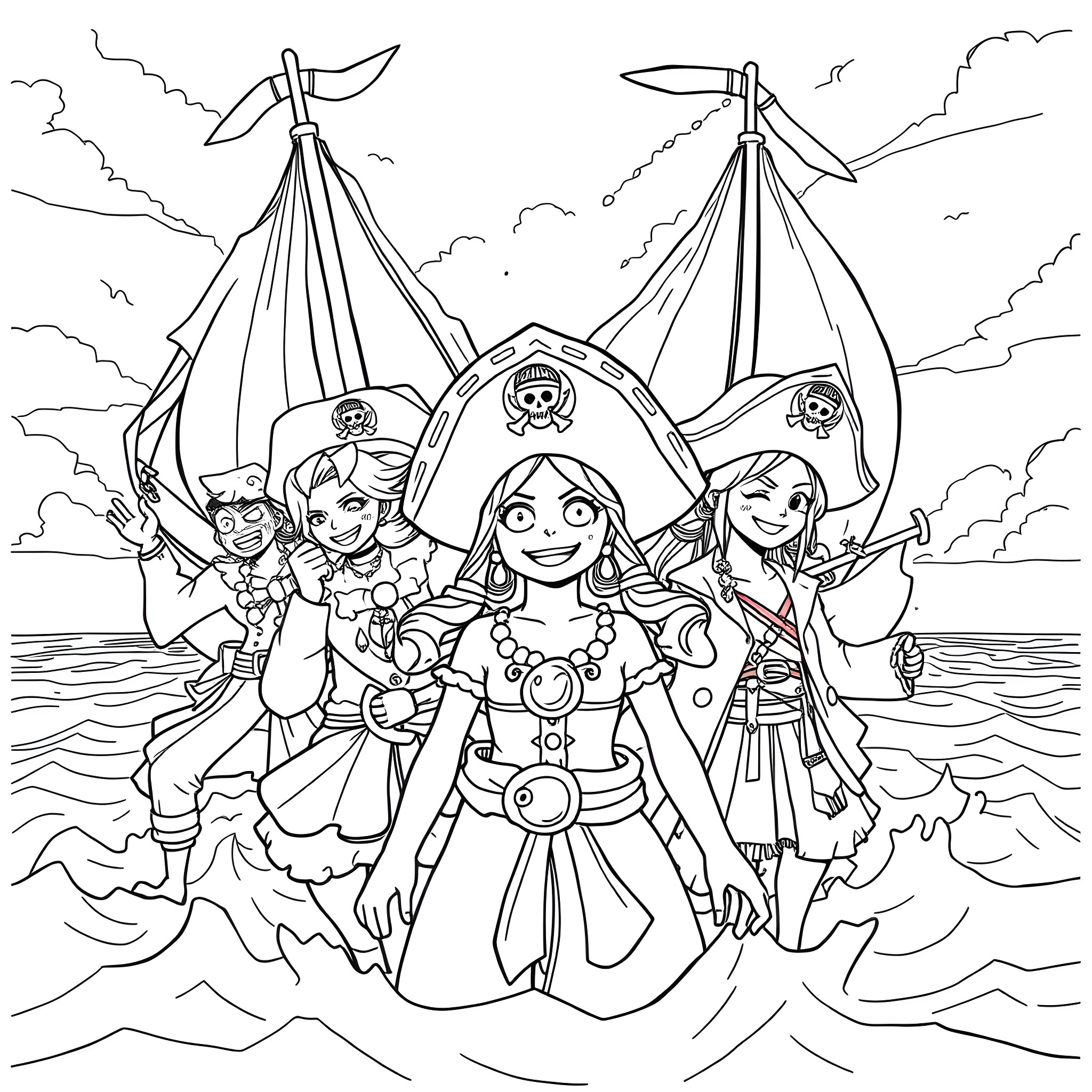 Bonney and the Pirate Crew on the High Seas Coloring Page (free black-and-white line drawing printable PDF for all, from beginners to advanced learners, including children, teens, adults, and seniors)