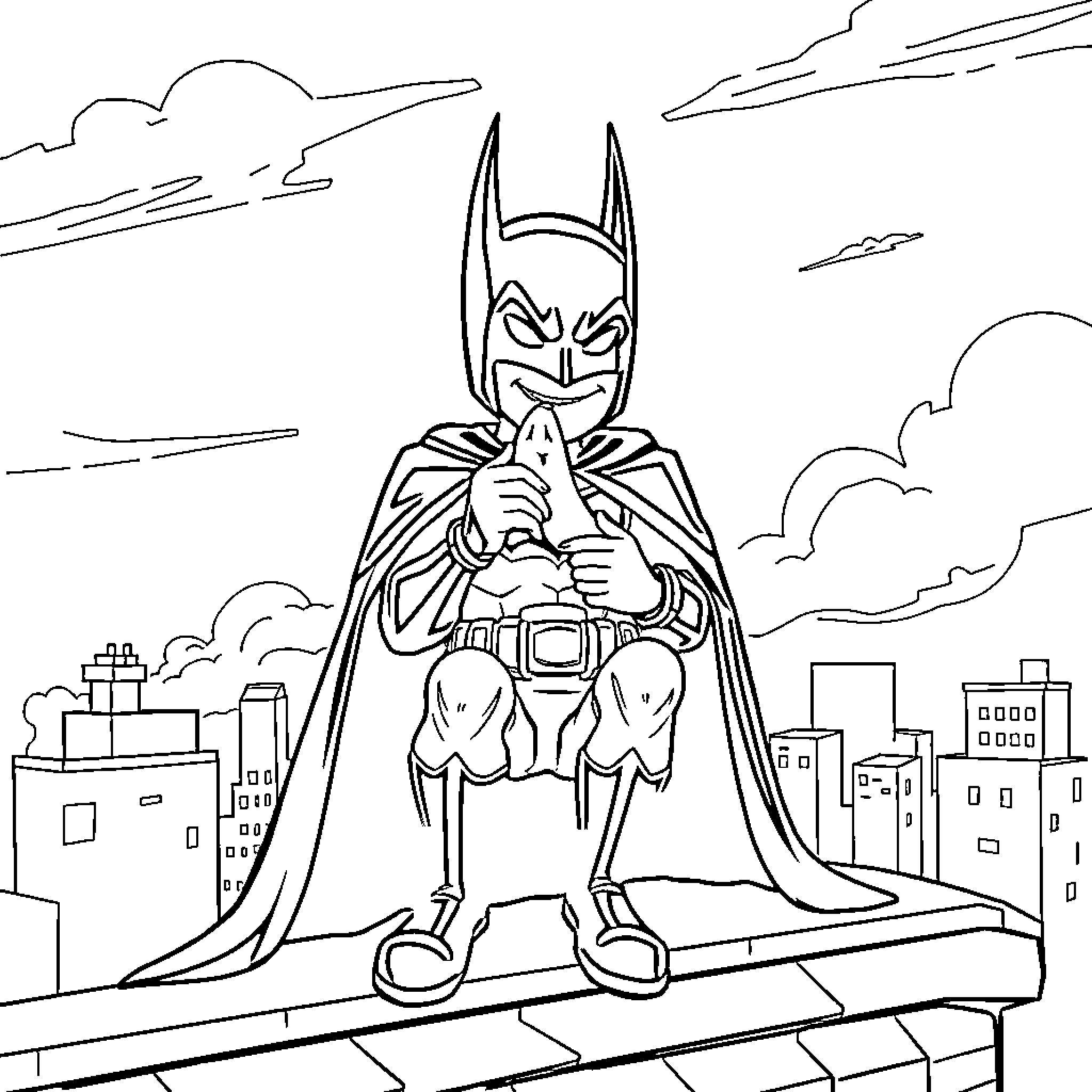 Batman Surveying the City at Night Coloring Page (free black-and-white line drawing printable PDF for all, from beginners to advanced learners, including children, teens, adults, and seniors)