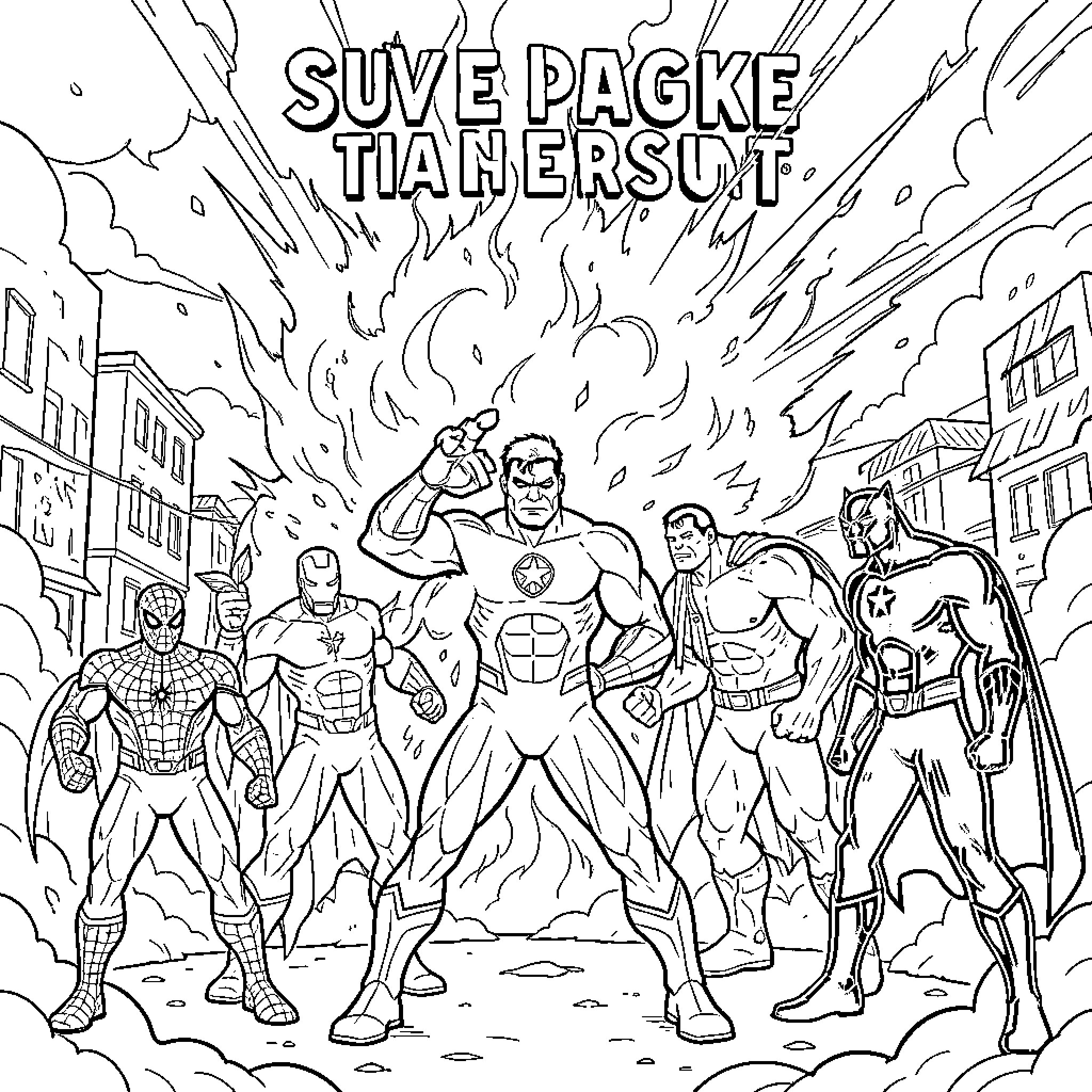 Superhero team posing heroically in a city scene Coloring Page (free black-and-white line drawing printable PDF for all, from beginners to advanced learners, including children, teens, adults, and seniors)