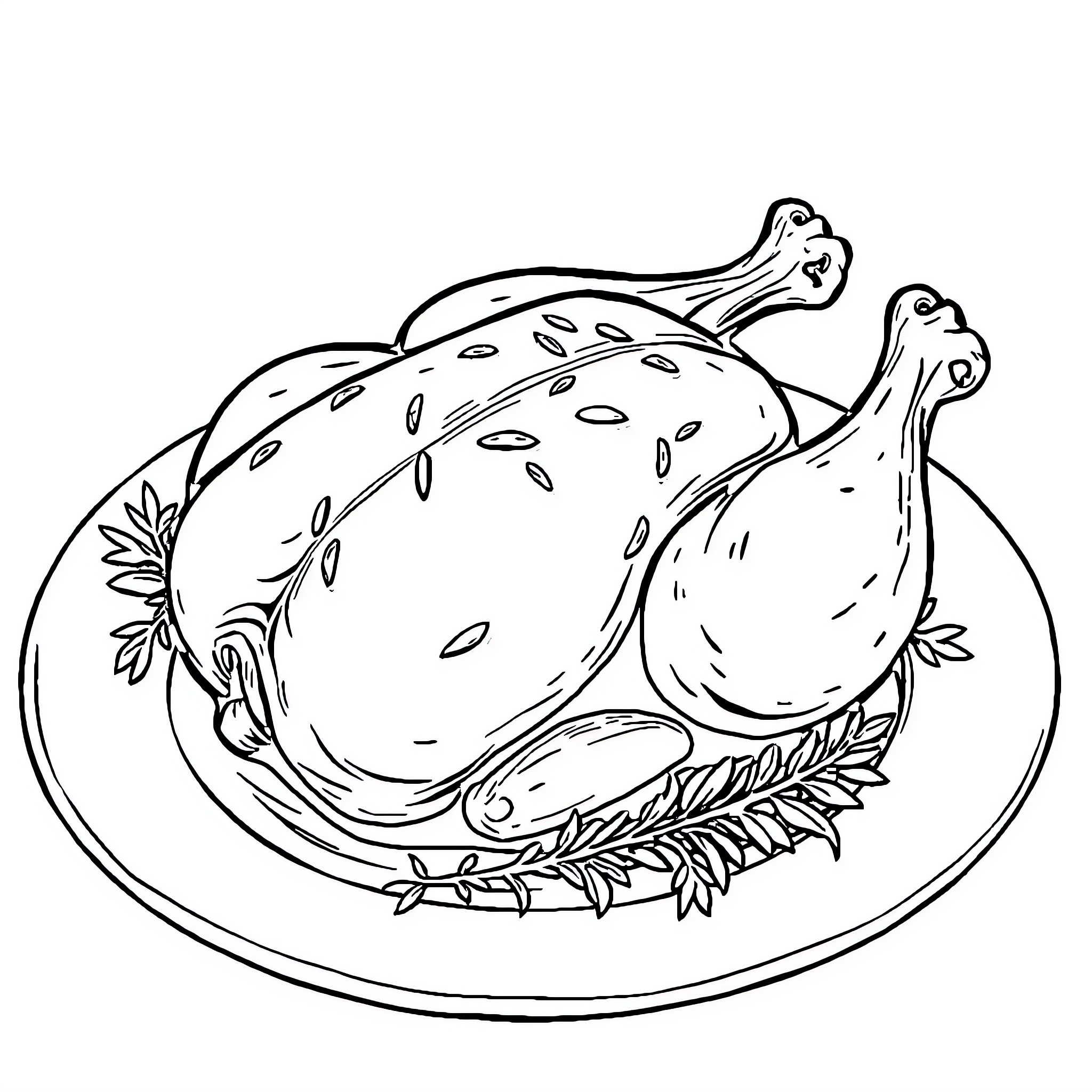 Chicken resting on a plate with garnish Coloring Page (free black-and-white line drawing printable PDF for all, from beginners to advanced learners, including children, teens, adults, and seniors)
