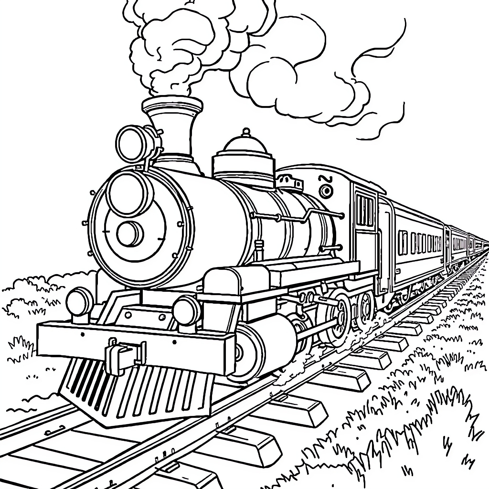 Pokémon Train Chugging Through the Landscape Coloring Page (free black-and-white line drawing printable PDF for all, from beginners to advanced learners, including children, teens, adults, and seniors)