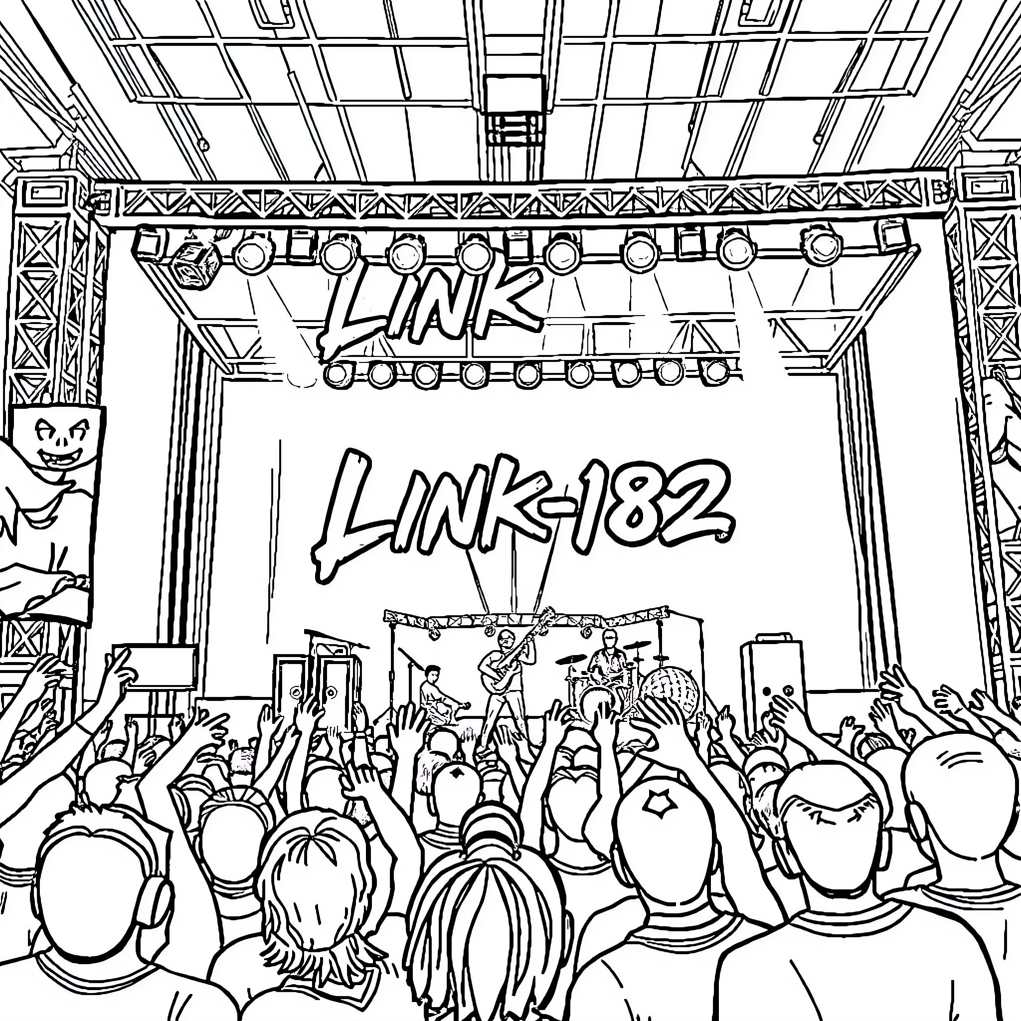 Blink 182 band performing on stage with energetic crowd Coloring Page (free black-and-white line drawing printable PDF for all, from beginners to advanced learners, including children, teens, adults, and seniors)