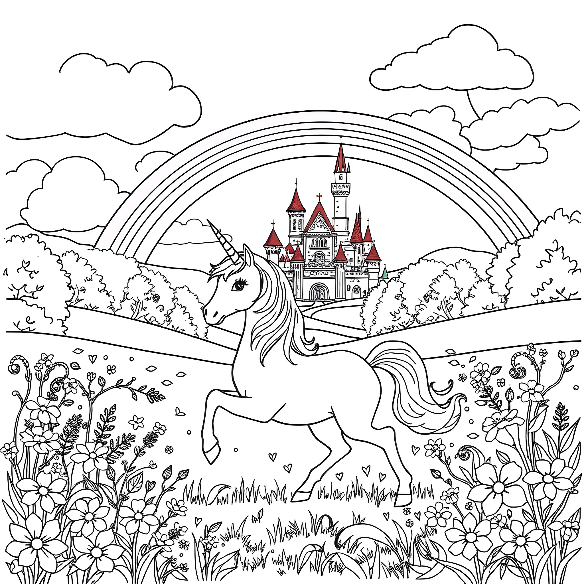 Unicorn galloping through enchanted garden with castle Coloring Page (free black-and-white line drawing printable PDF for all, from beginners to advanced learners, including children, teens, adults, and seniors)