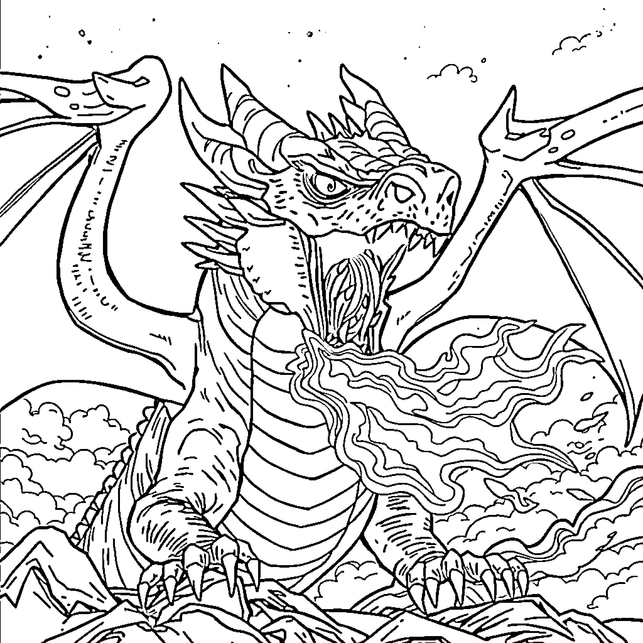 Dragon soaring over a fantastical landscape Coloring Page (free black-and-white line drawing printable PDF for all, from beginners to advanced learners, including children, teens, adults, and seniors)