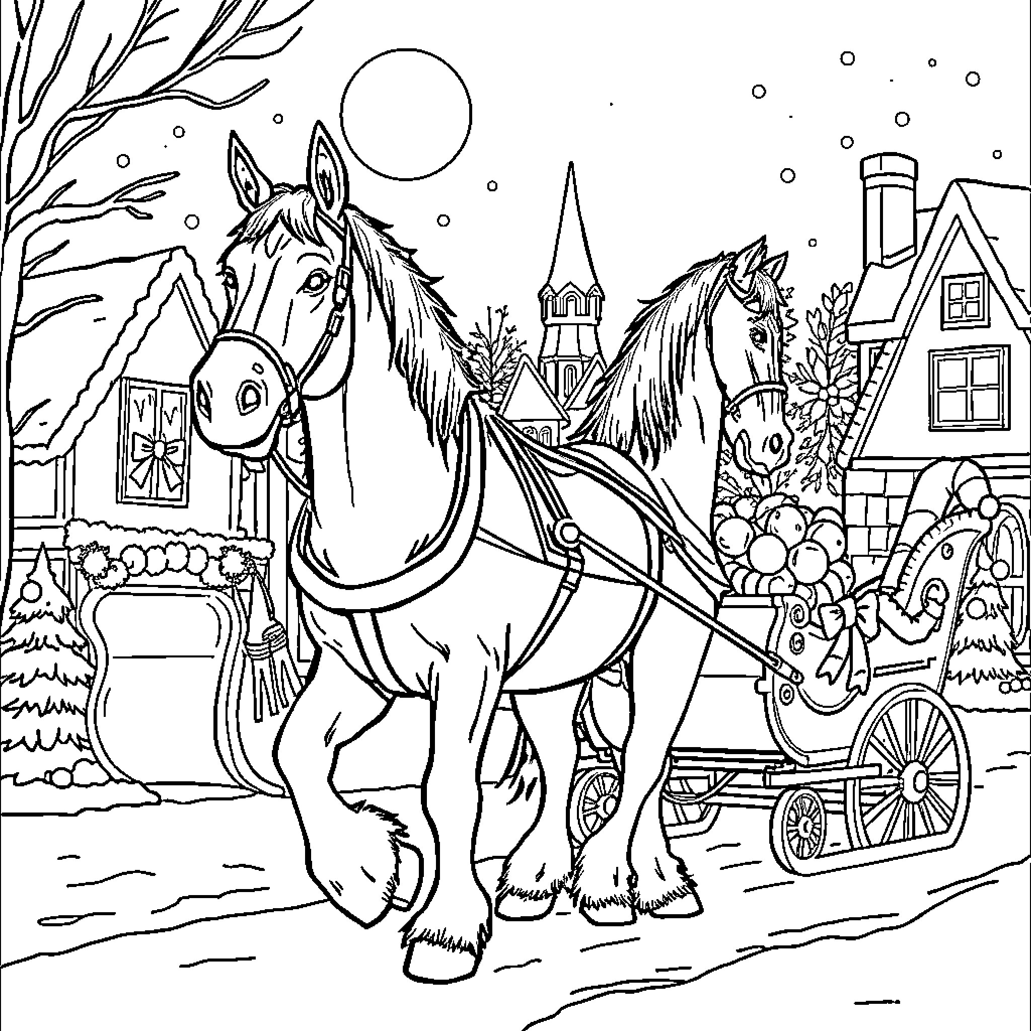 Clydesdale horses pulling a carriage in a snowy village Coloring Page (free black-and-white line drawing printable PDF for all, from beginners to advanced learners, including children, teens, adults, and seniors)