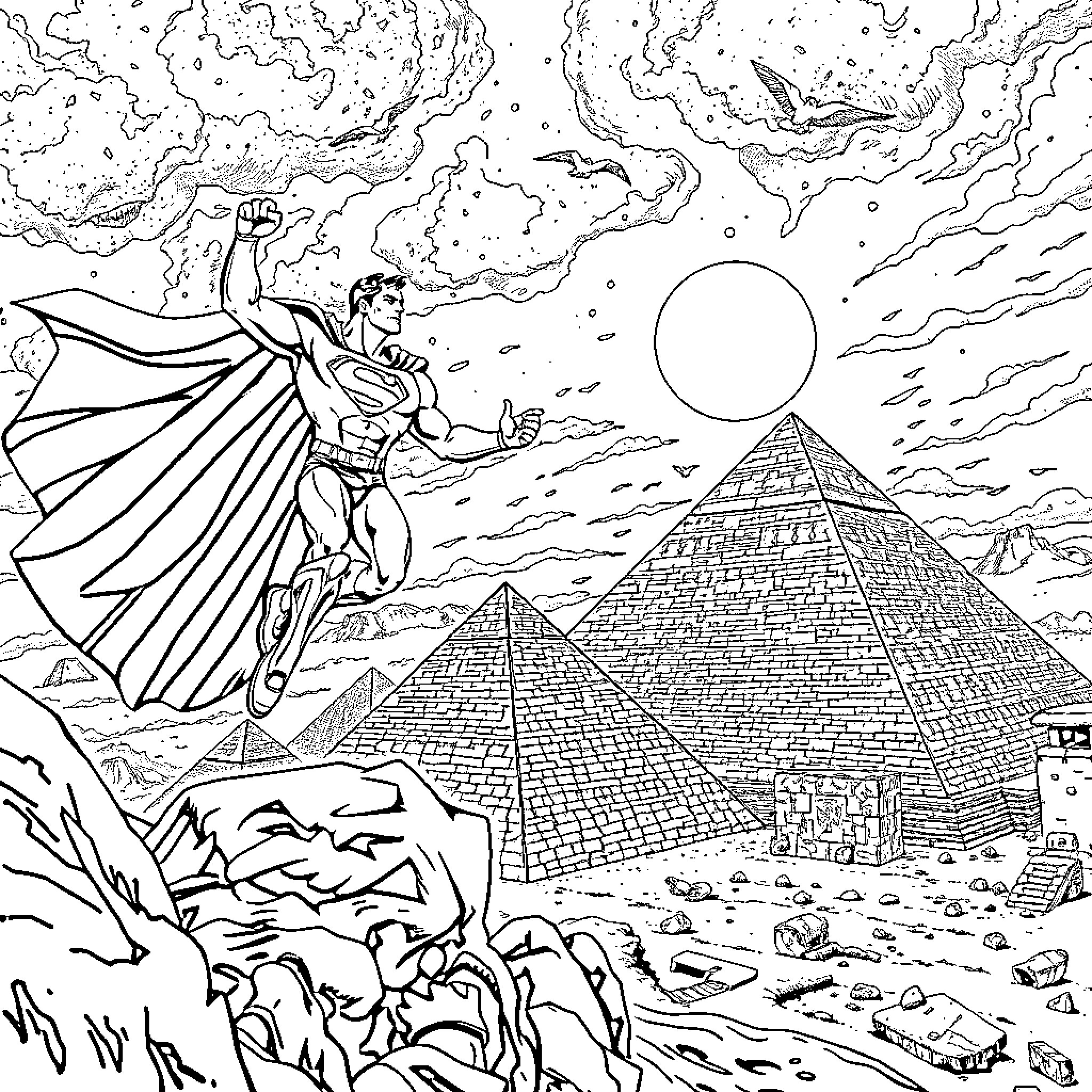 Superman Soaring over the Pyramids Coloring Page (free black-and-white line drawing printable PDF for all, from beginners to advanced learners, including children, teens, adults, and seniors)