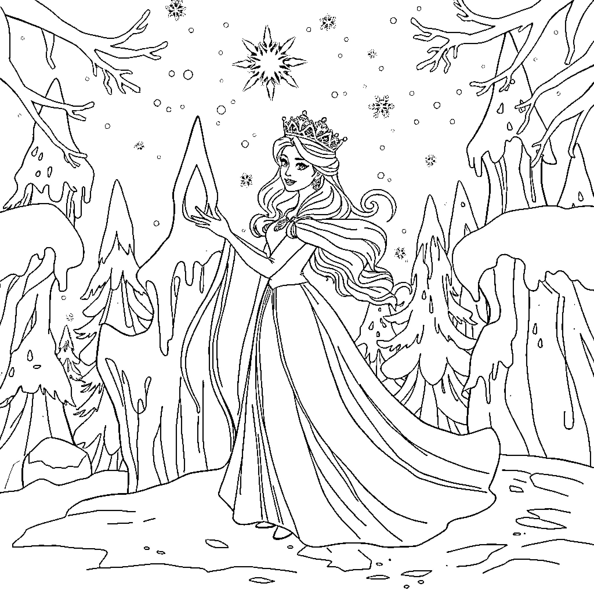 Snow Queen wearing a crown in a winter forest Coloring Page (free black-and-white line drawing printable PDF for all, from beginners to advanced learners, including children, teens, adults, and seniors)