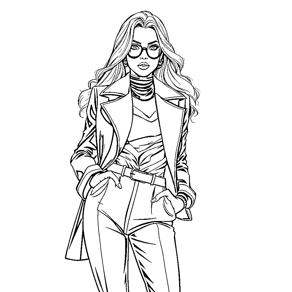 Model in Fashionable Attire and Eyewear Coloring Page (free black-and-white line drawing printable PDF for all, from beginners to advanced learners, including children, teens, adults, and seniors)
