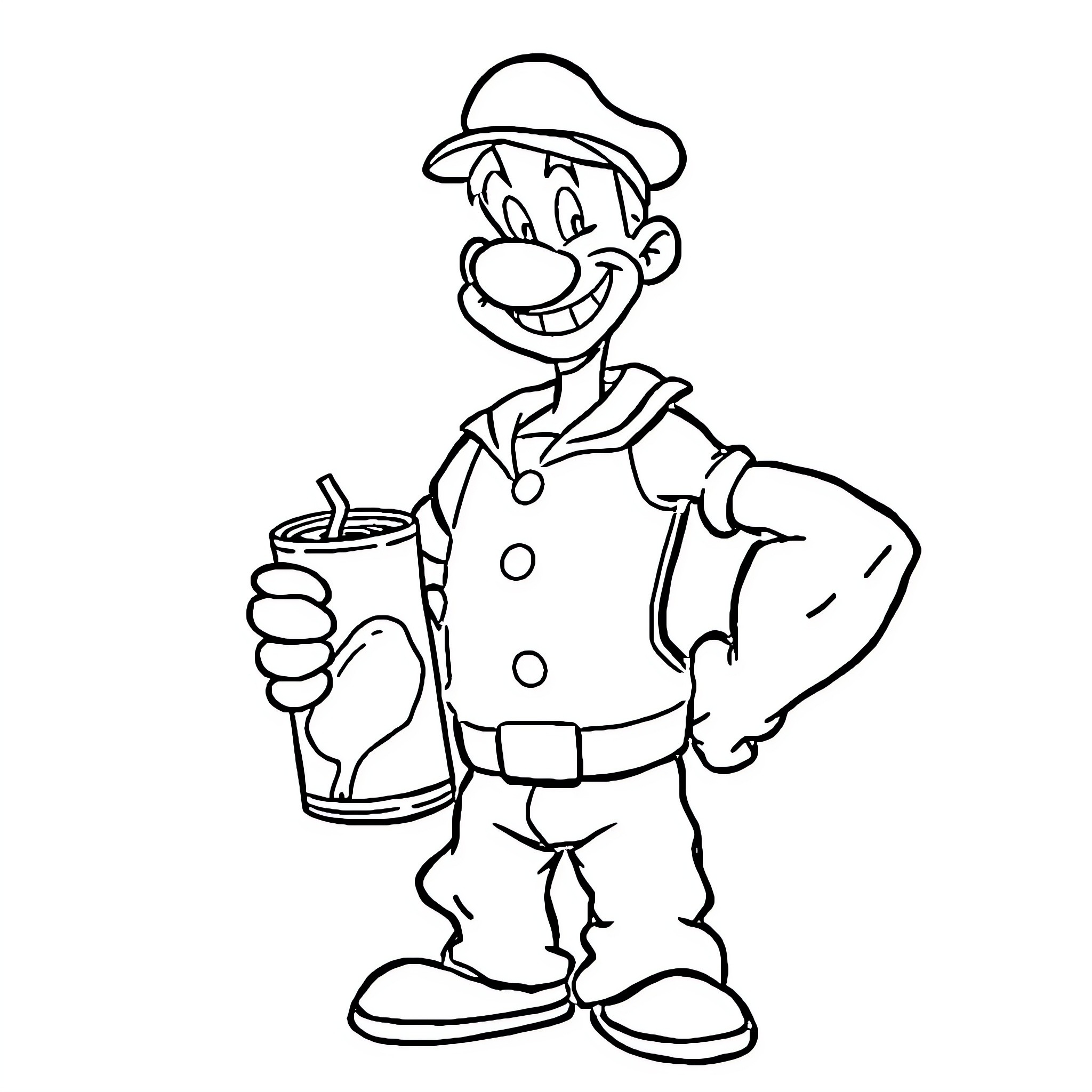 Popeye the Sailor Man Enjoying a Refreshing Drink Coloring Page (free black-and-white line drawing printable PDF for all, from beginners to advanced learners, including children, teens, adults, and seniors)