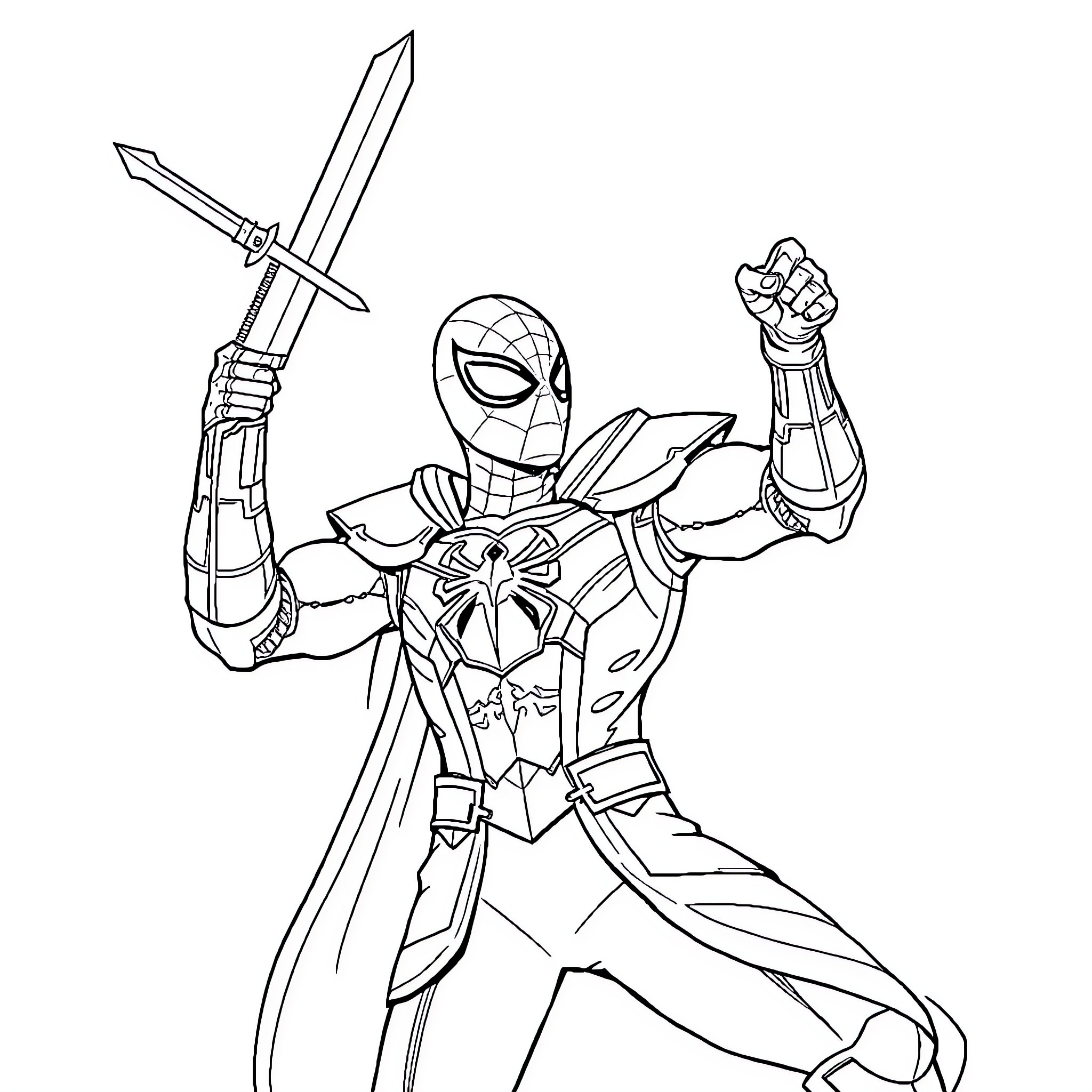 Spiderman in heroic battle pose with weapon Coloring Page (free black-and-white line drawing printable PDF for all, from beginners to advanced learners, including children, teens, adults, and seniors)