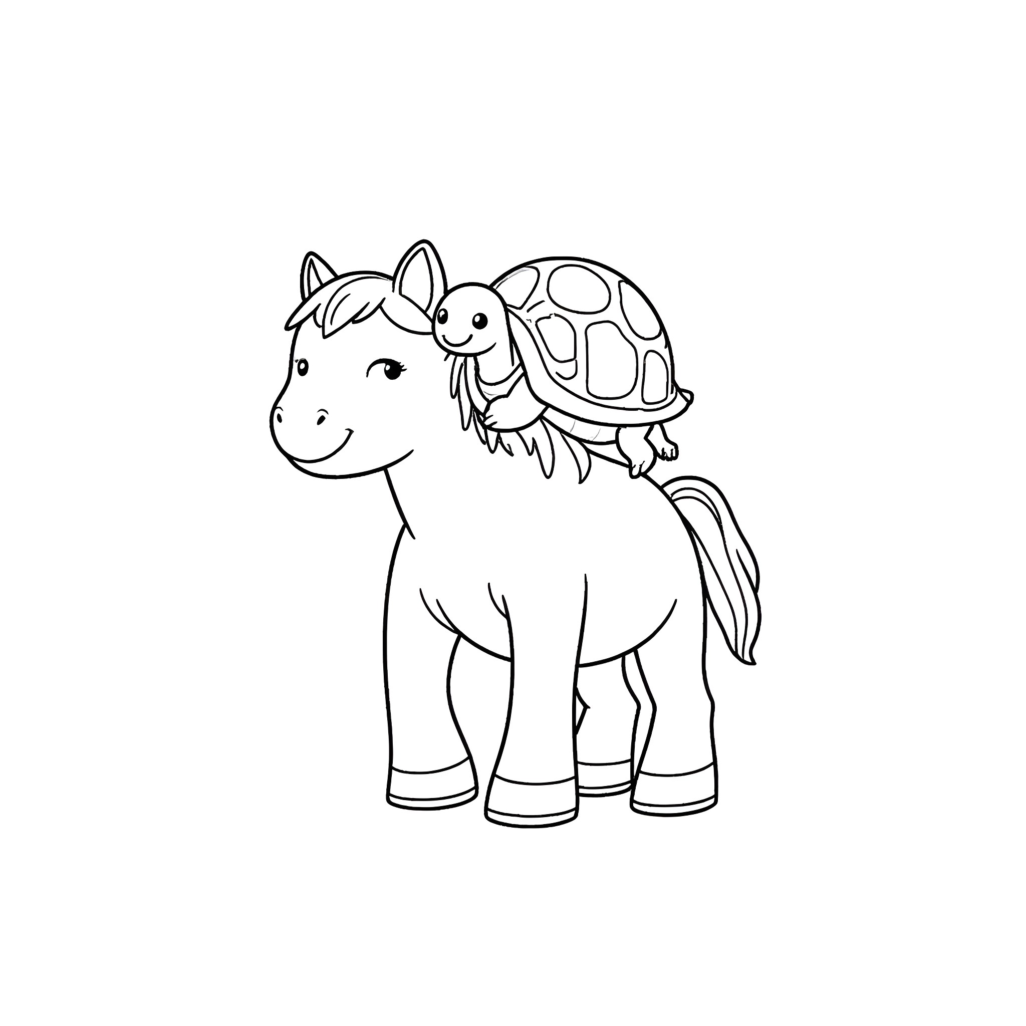 Turtle riding on a pony Coloring Page (free black-and-white line drawing printable PDF for all, from beginners to advanced learners, including children, teens, adults, and seniors)