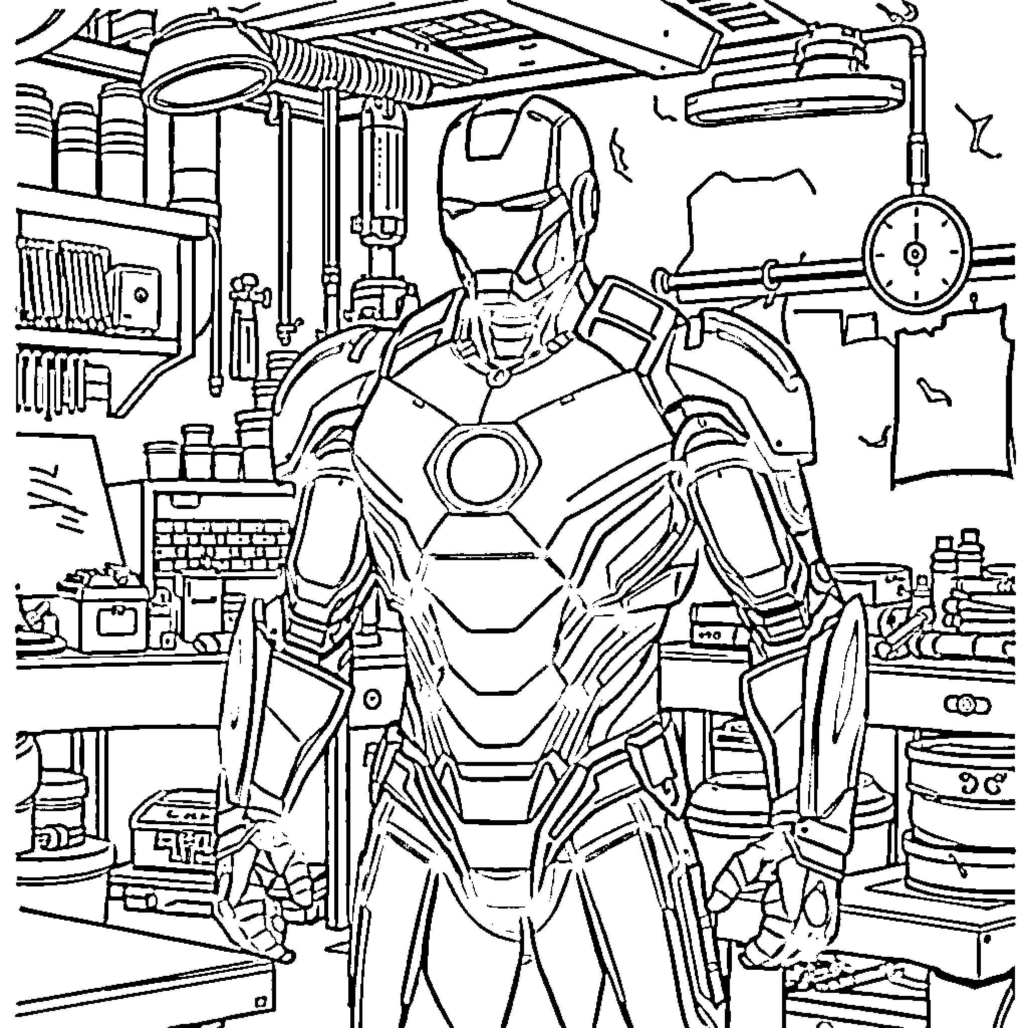 Ironman in Workshop Setting with Machinery Coloring Page (free black-and-white line drawing printable PDF for all, from beginners to advanced learners, including children, teens, adults, and seniors)