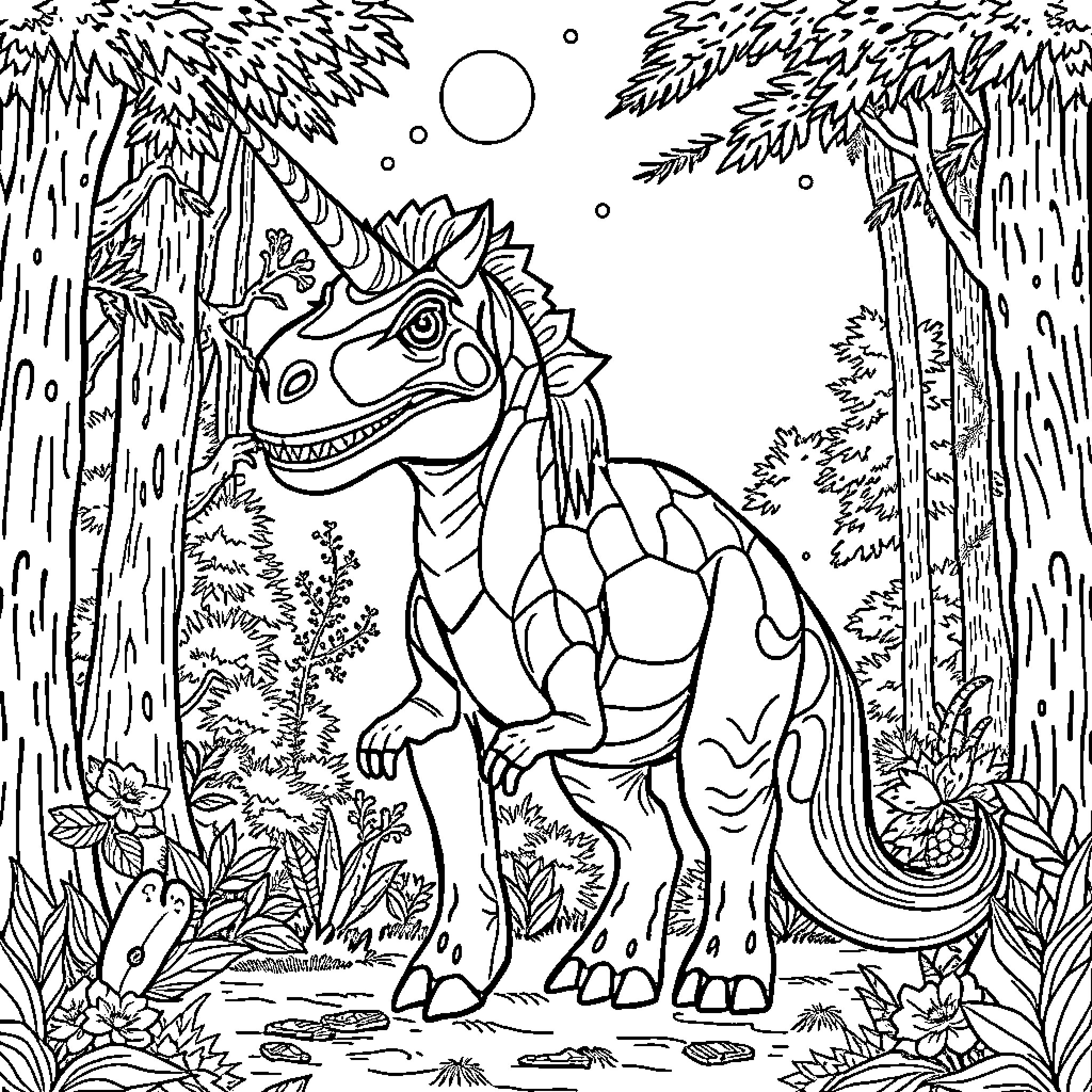 T-Rex roaming the prehistoric forest landscape Coloring Page (free black-and-white line drawing printable PDF for all, from beginners to advanced learners, including children, teens, adults, and seniors)