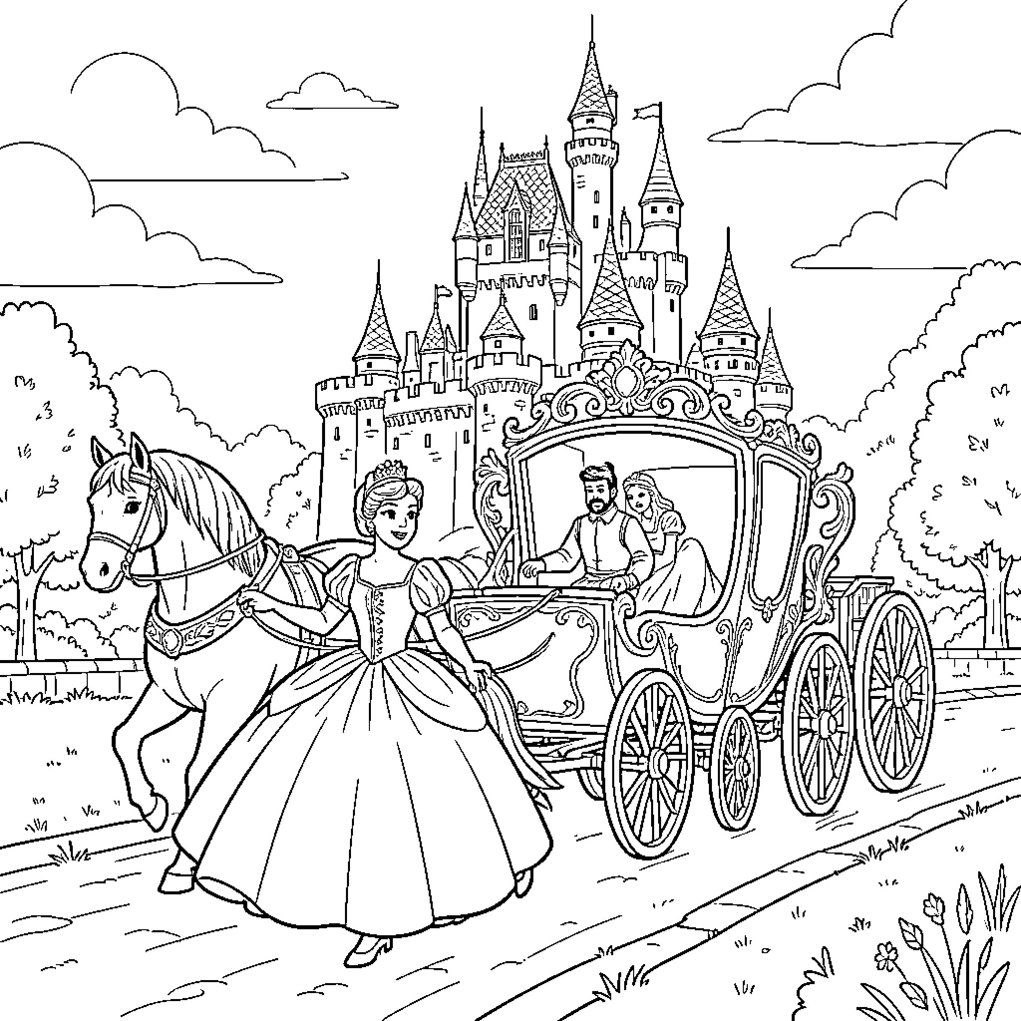Cinderella walking gracefully beside a royal horse carriage Coloring Page (free black-and-white line drawing printable PDF for all, from beginners to advanced learners, including children, teens, adults, and seniors)
