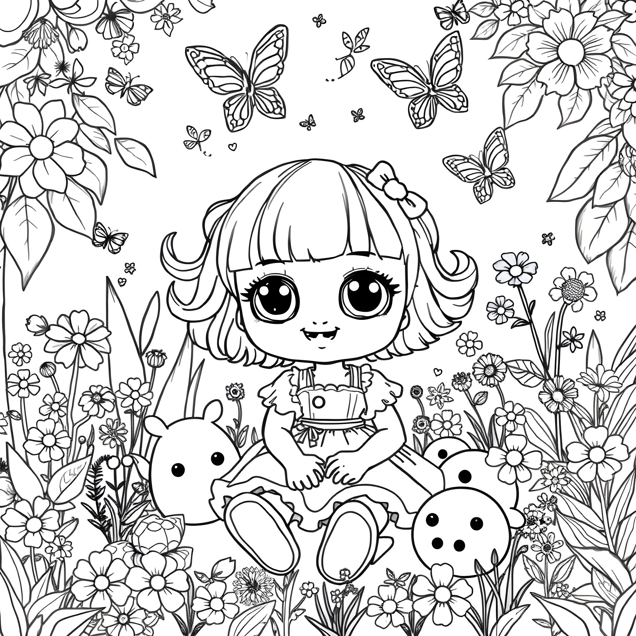 Doll surrounded by butterflies and flowers Coloring Page (free black-and-white line drawing printable PDF for all, from beginners to advanced learners, including children, teens, adults, and seniors)