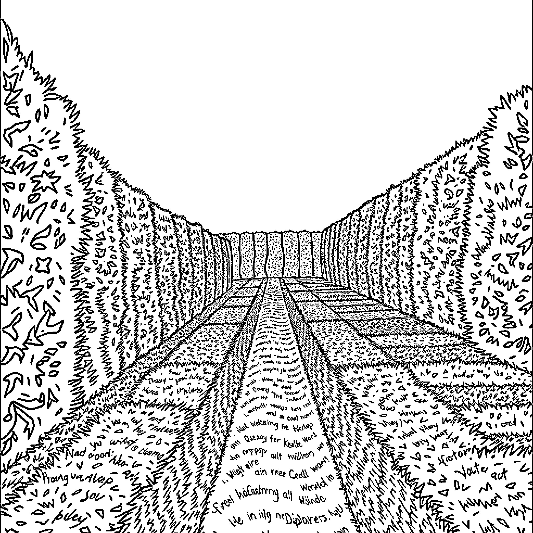 Maze-like Pathway through Lush Foliage Coloring Page (free black-and-white line drawing printable PDF for all, from beginners to advanced learners, including children, teens, adults, and seniors)