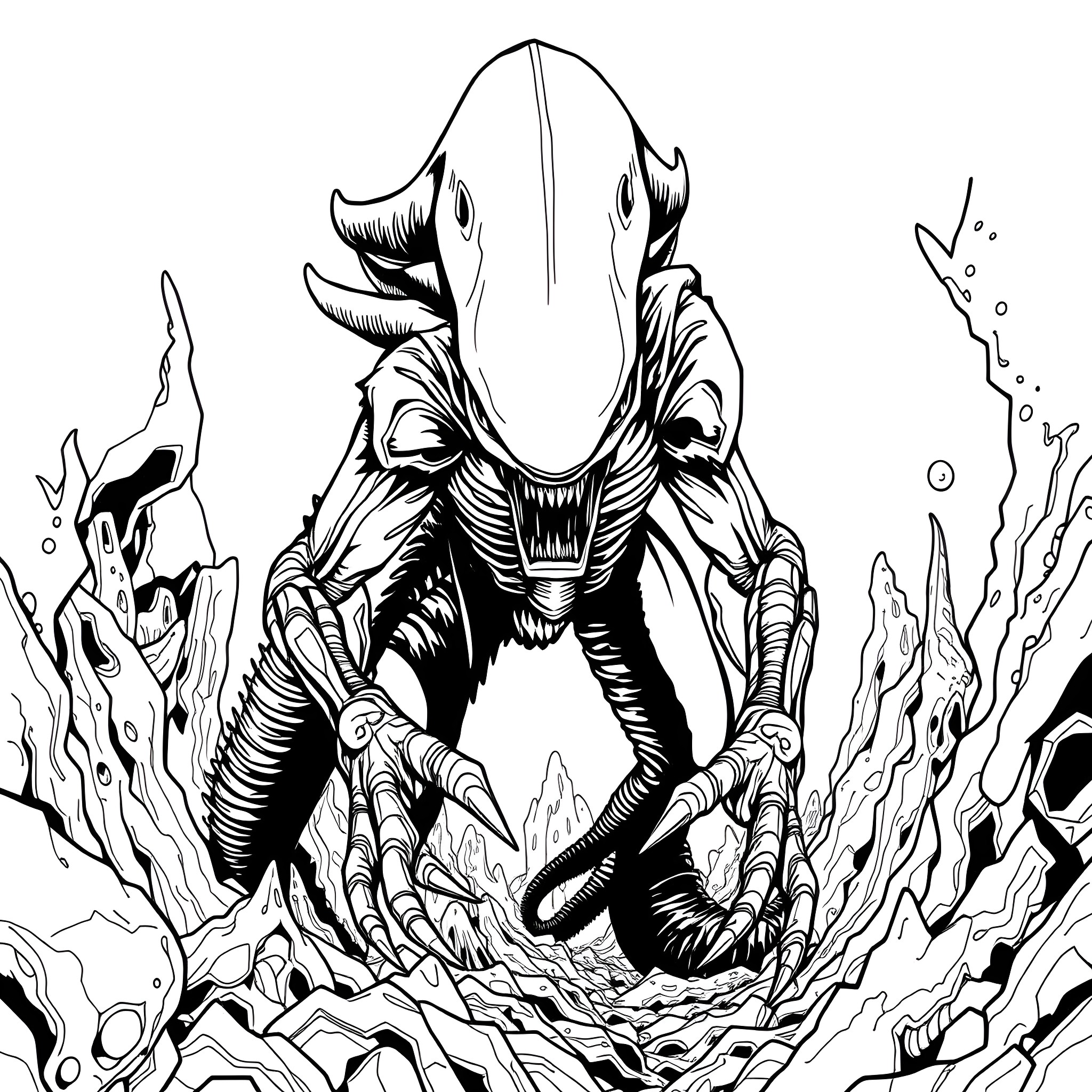 Zenomorph Creature Emerging from Surreal Depths Coloring Page (free black-and-white line drawing printable PDF for all, from beginners to advanced learners, including children, teens, adults, and seniors)