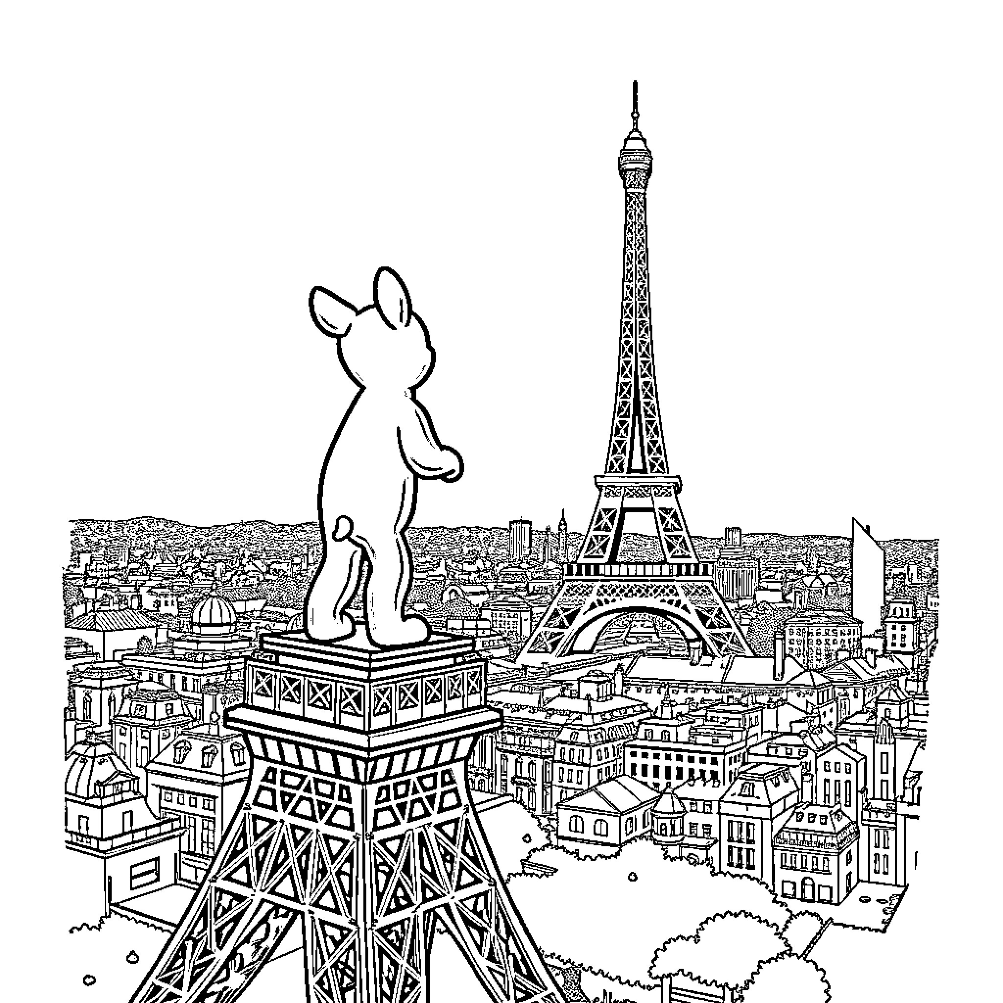 Bluey enjoying the view from the Eiffel Tower Coloring Page (free black-and-white line drawing printable PDF for all, from beginners to advanced learners, including children, teens, adults, and seniors)