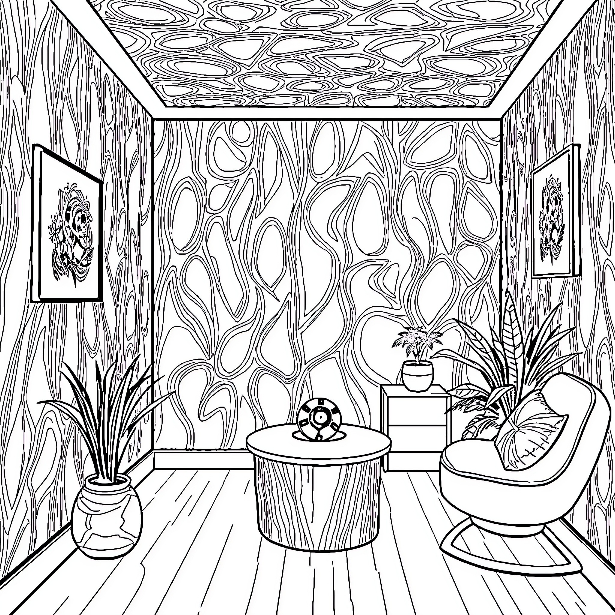 Cuarto of Colorful Designs and Cozy Furnishings Coloring Page (free black-and-white line drawing printable PDF for all, from beginners to advanced learners, including children, teens, adults, and seniors)
