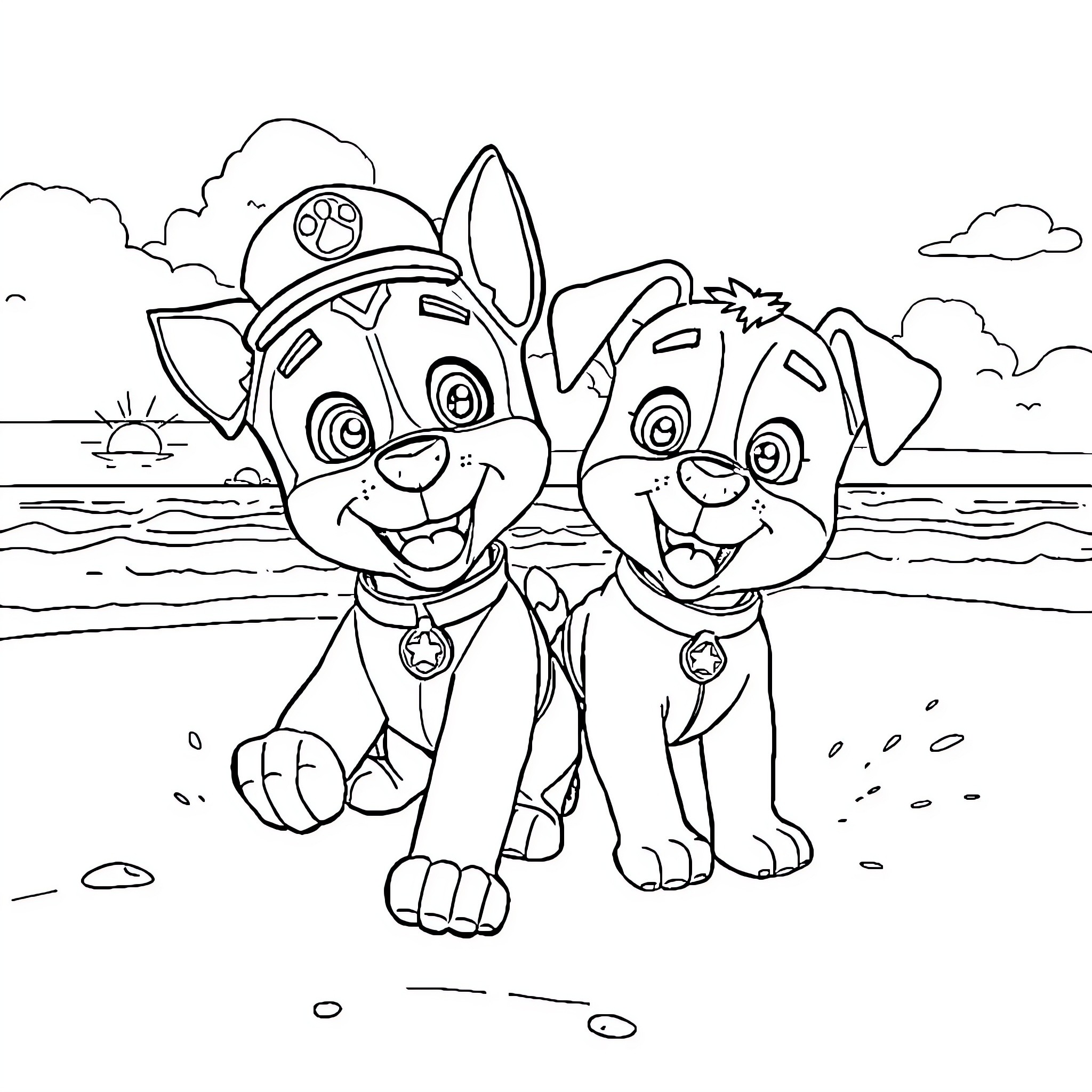 Chase and Skye explore the beach Coloring Page (free black-and-white line drawing printable PDF for all, from beginners to advanced learners, including children, teens, adults, and seniors)