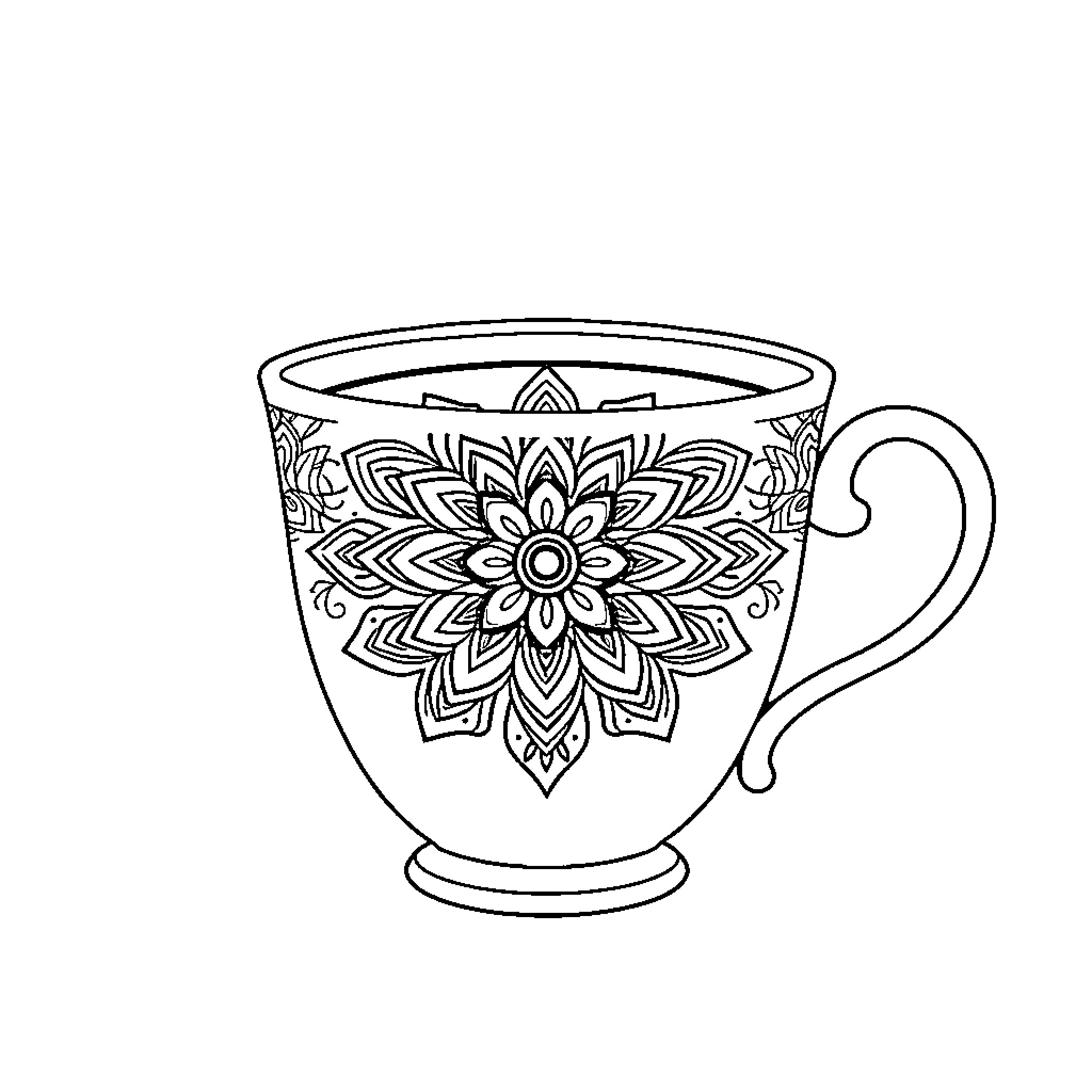 Tea Cup with Intricate Mandala Design Coloring Page (free black-and-white line drawing printable PDF for all, from beginners to advanced learners, including children, teens, adults, and seniors)