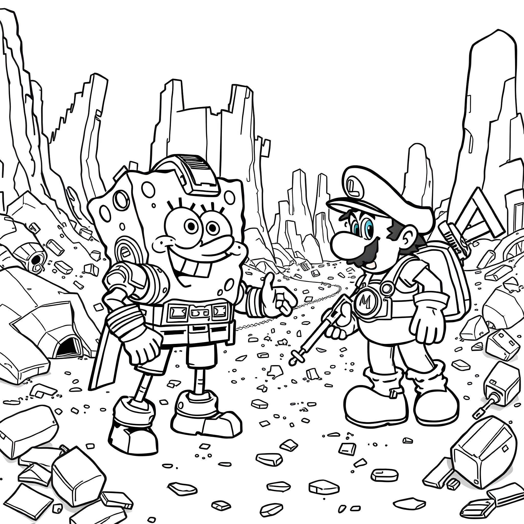 Spongebob and Mario exploring the ruins Coloring Page (free black-and-white line drawing printable PDF for all, from beginners to advanced learners, including children, teens, adults, and seniors)